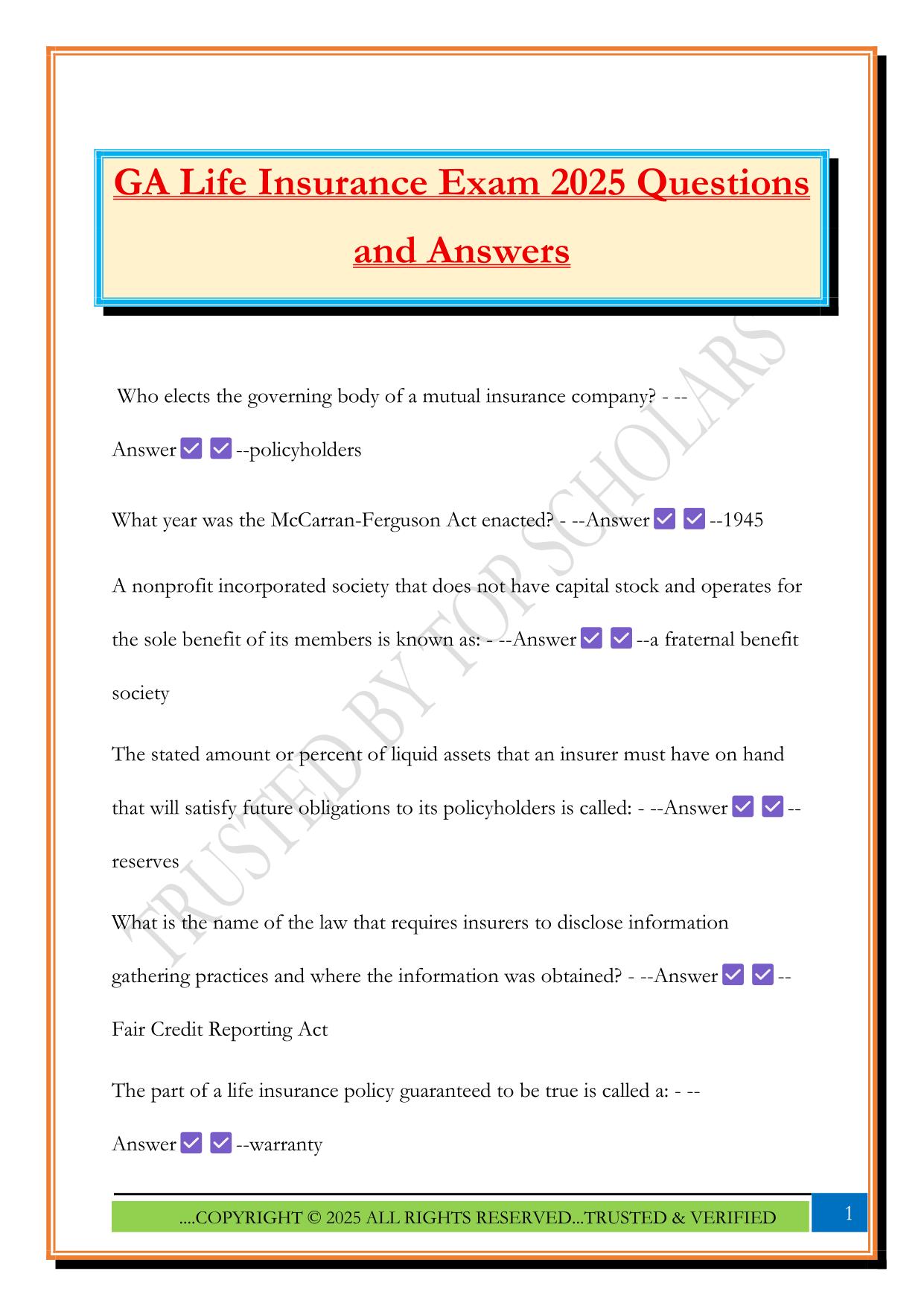 GA Life Insurance Exam 2025 Questions and Answers