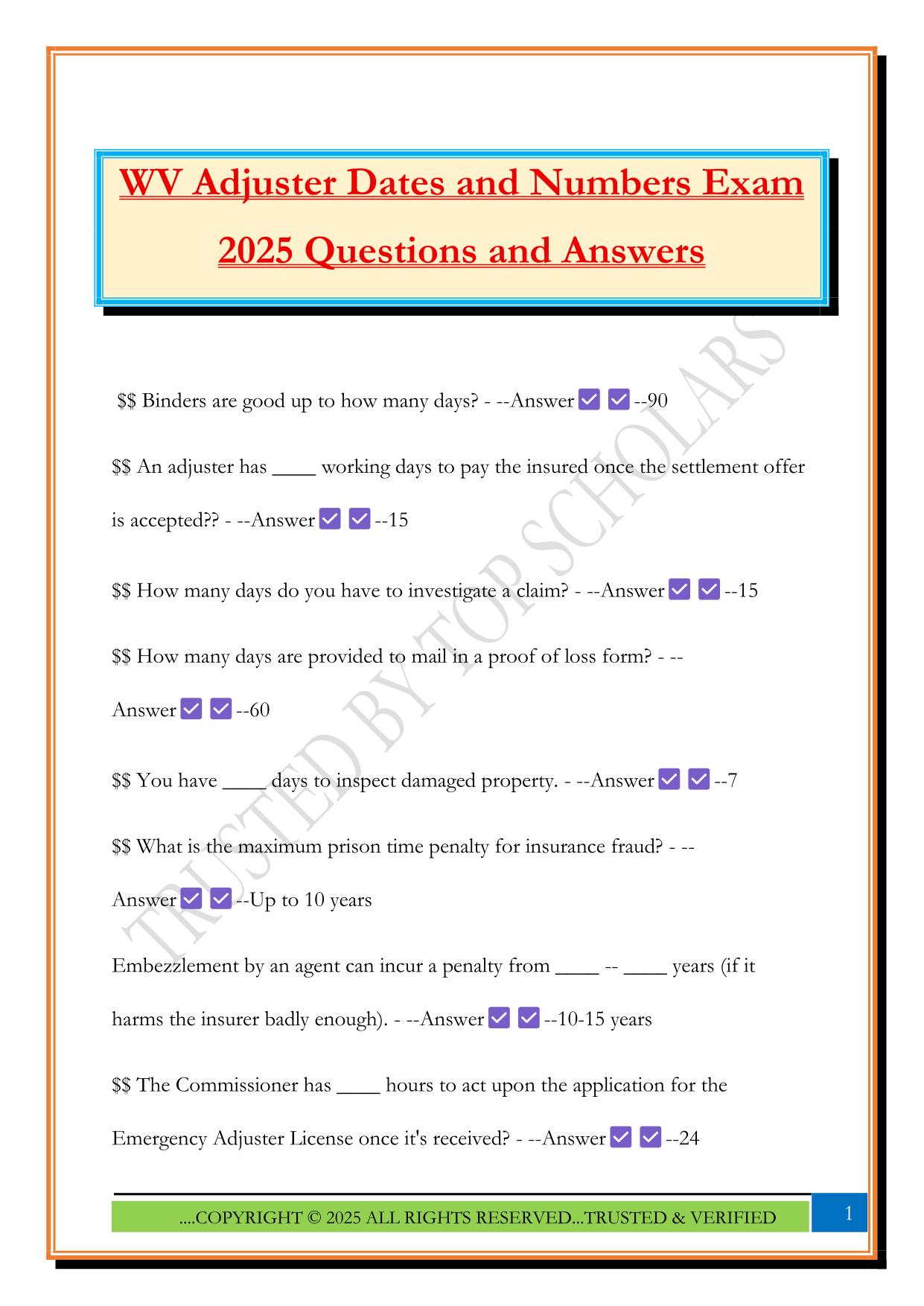 WV Adjuster Dates and Numbers Exam 2025 Questions and Answers