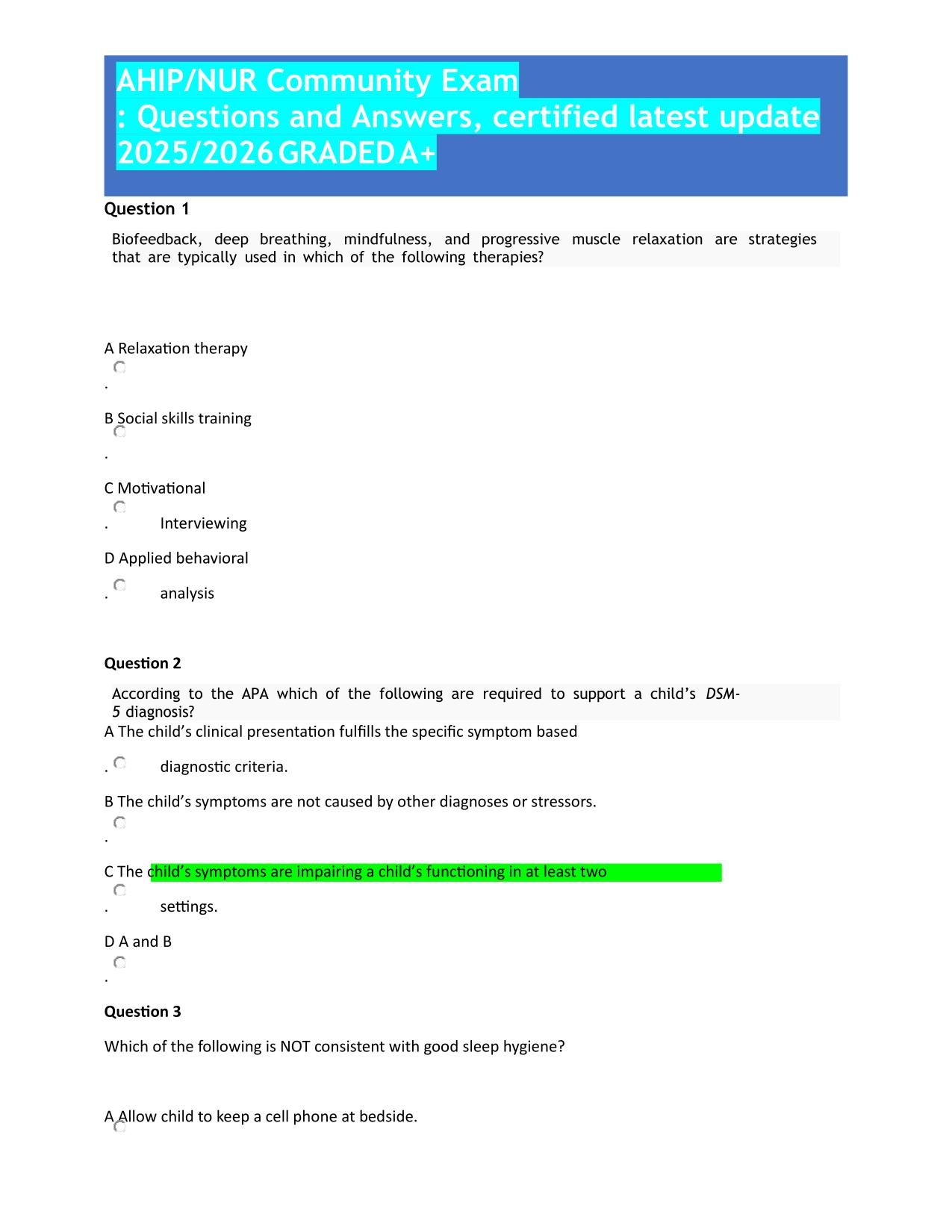 AHIP/NUR Community Exam : Questions and Answers, certified latest update 2025/2026 b GRADEDb A+