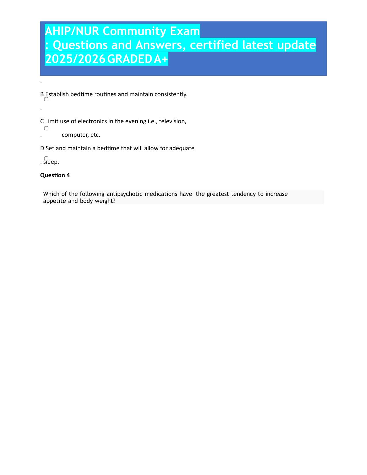 AHIP/NUR Community Exam : Questions and Answers, certified latest update 2025/2026 b GRADEDb A+