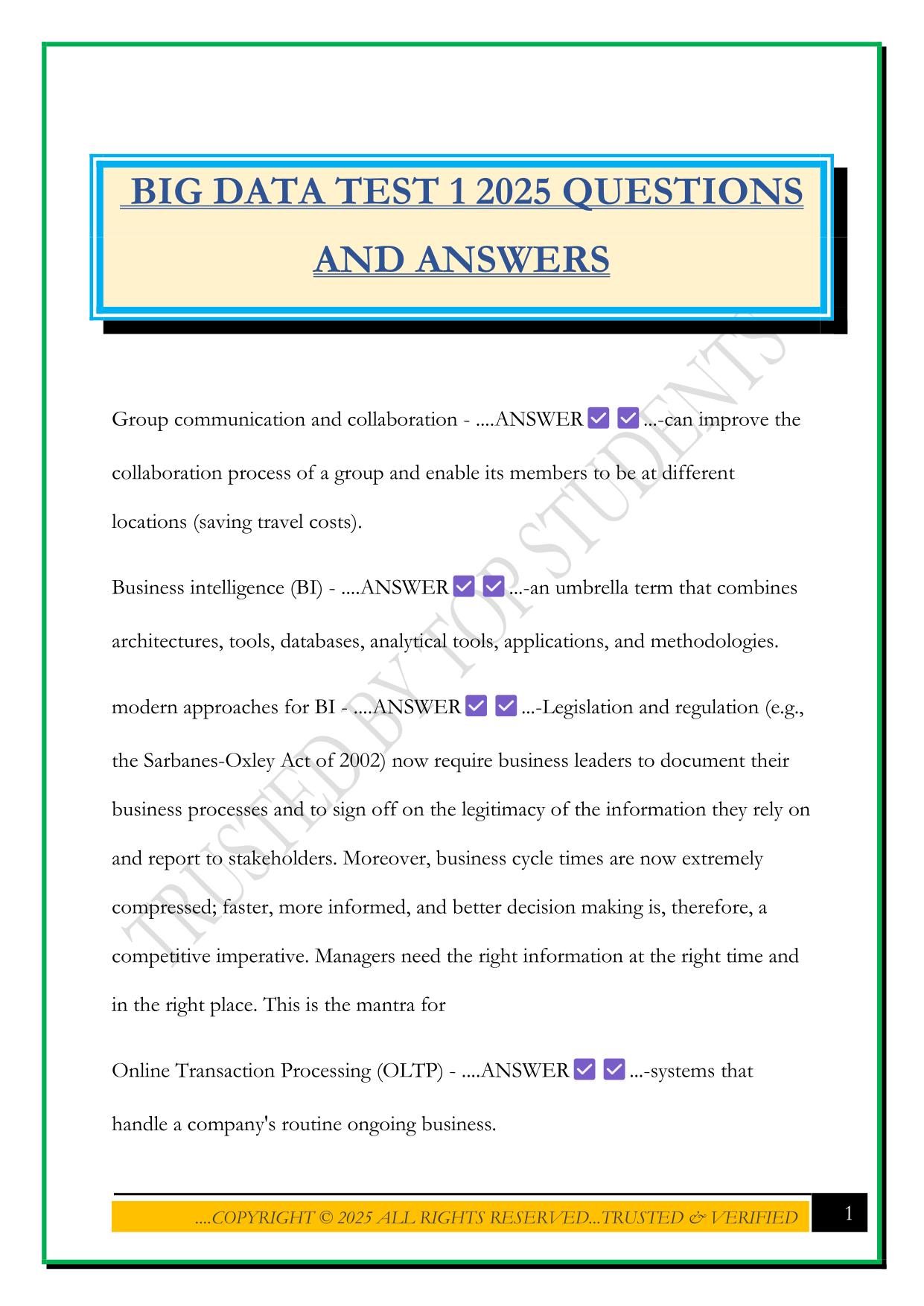 BIG DATA TEST 1 2025 QUESTIONS AND ANSWERS