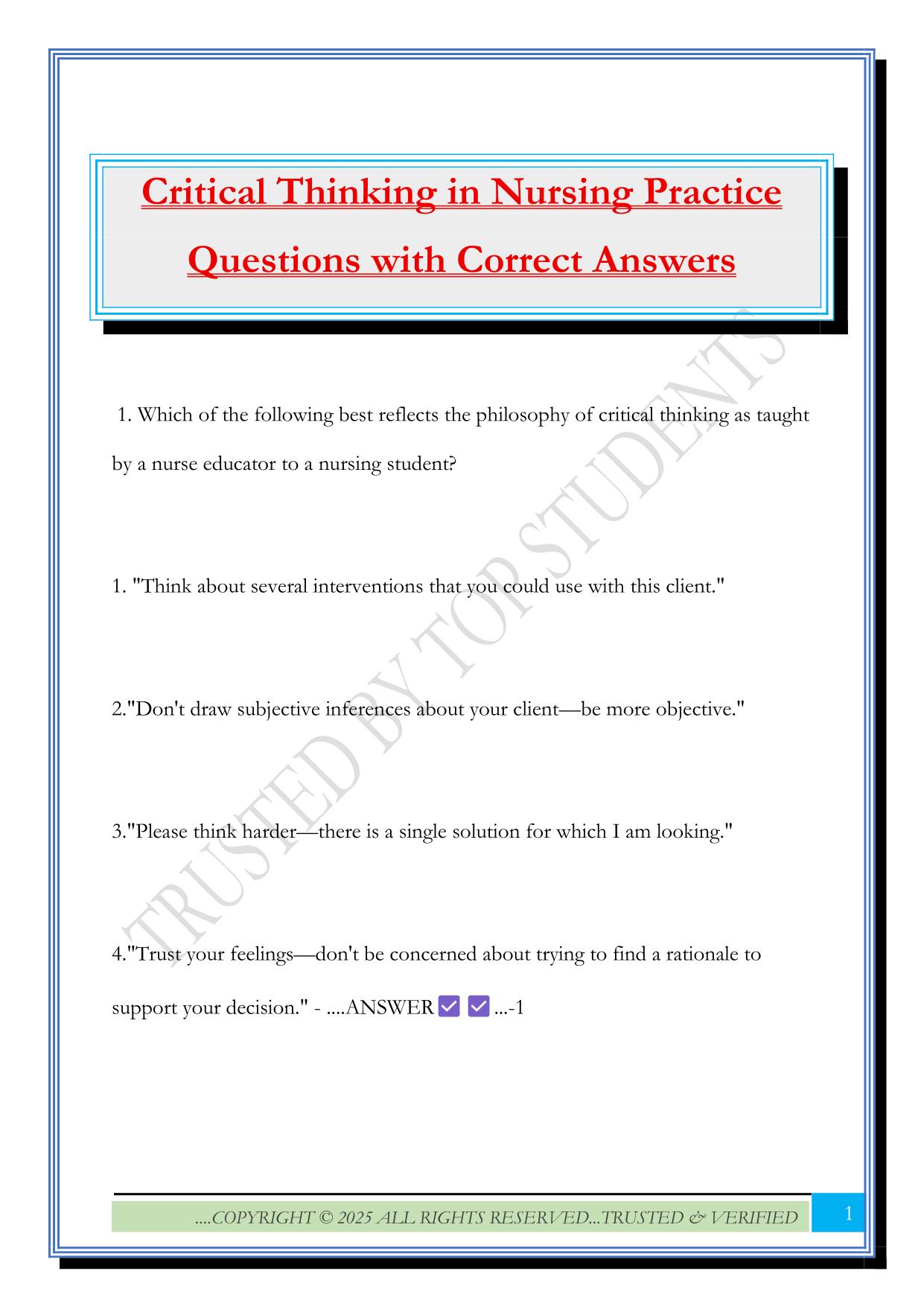 Critical Thinking in Nursing Practice Questions with Correct Answers