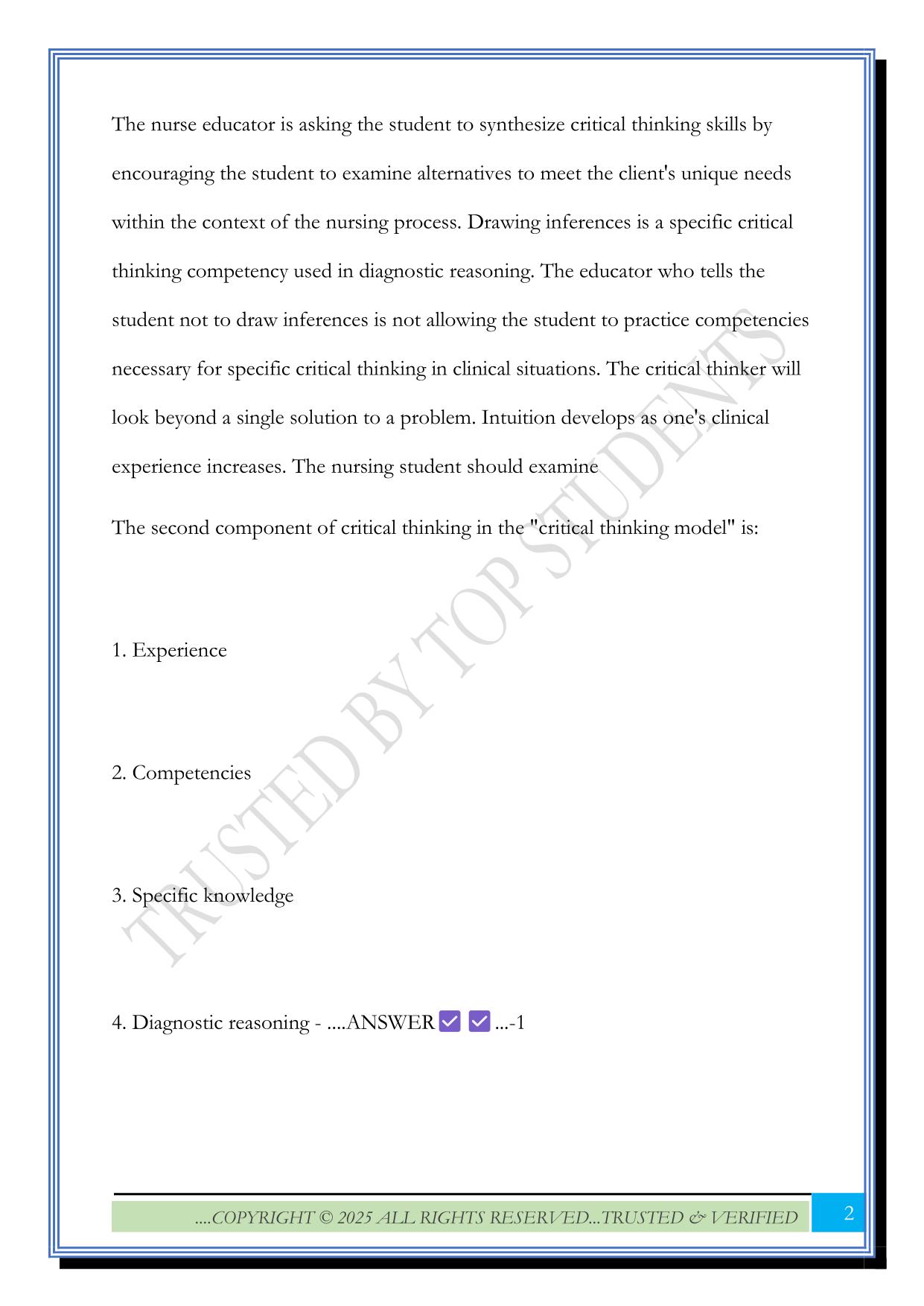 Critical Thinking in Nursing Practice Questions with Correct Answers