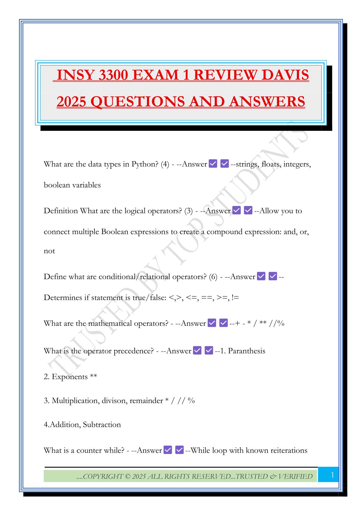 INSY 3300 EXAM 1 REVIEW DAVIS 2025 QUESTIONS AND ANSWERS