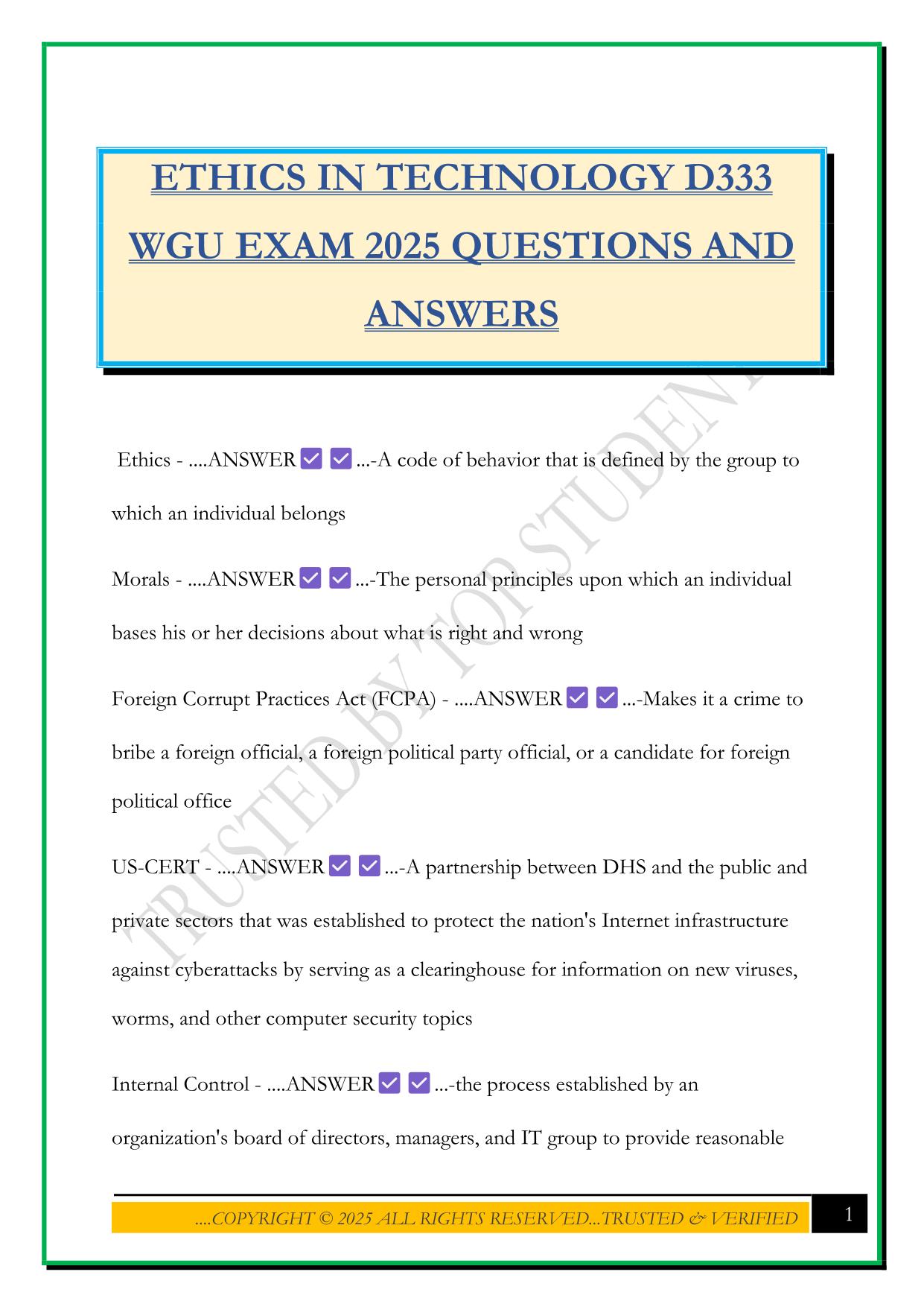 ETHICS IN TECHNOLOGY D333 WGU EXAM 2025 QUESTIONS AND ANSWERS
