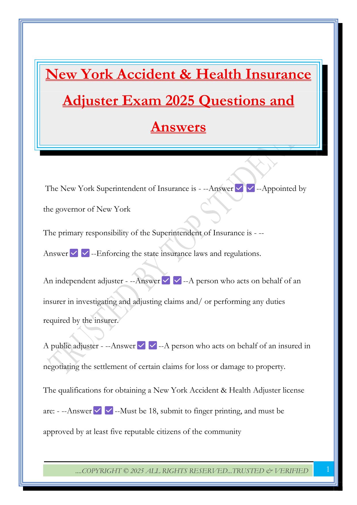 New York Accident & Health Insurance Adjuster Exam 2025 Questions and Answers