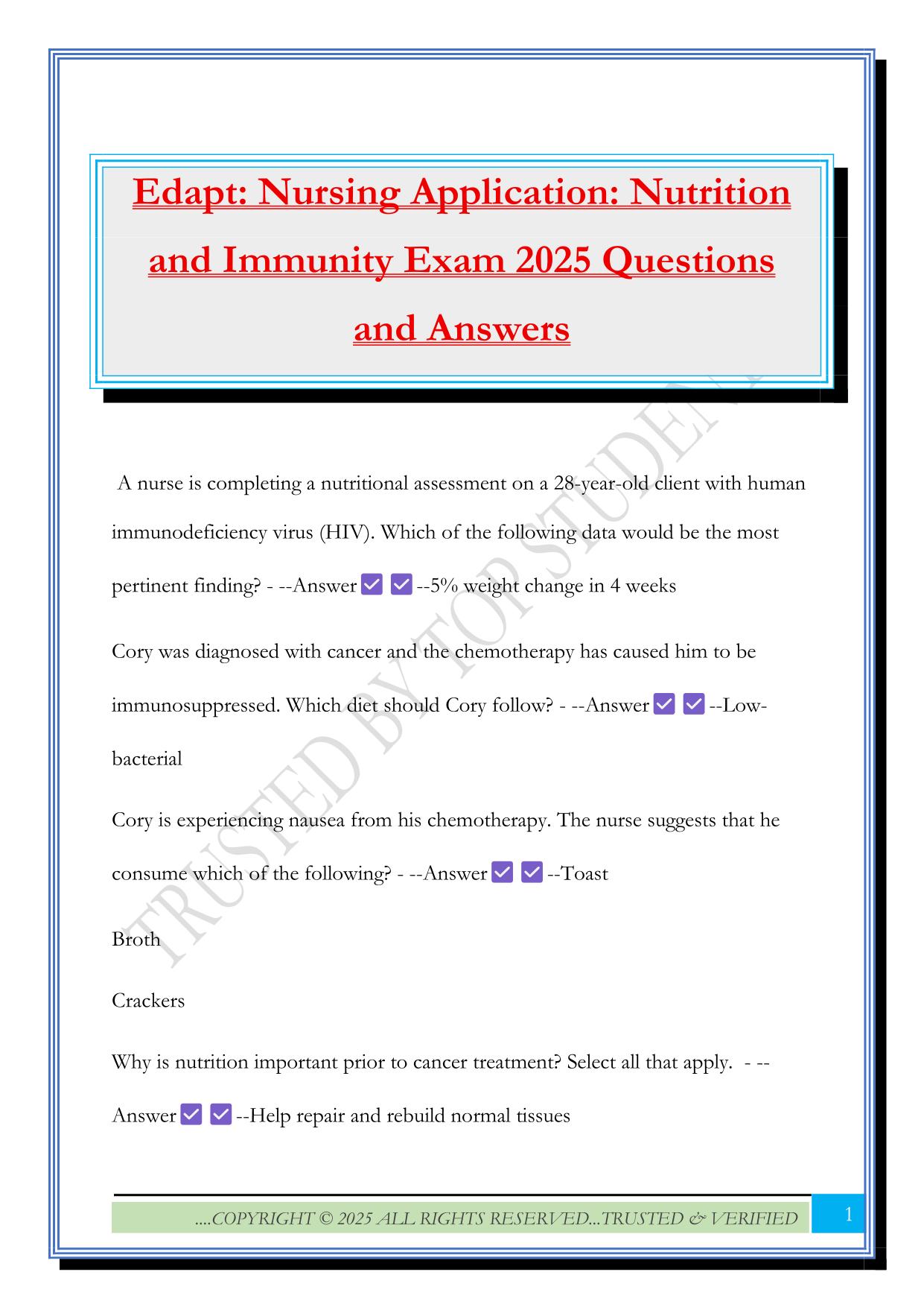 Edapt: Nursing Application: Nutrition and Immunity Exam 2025 Questions and Answers