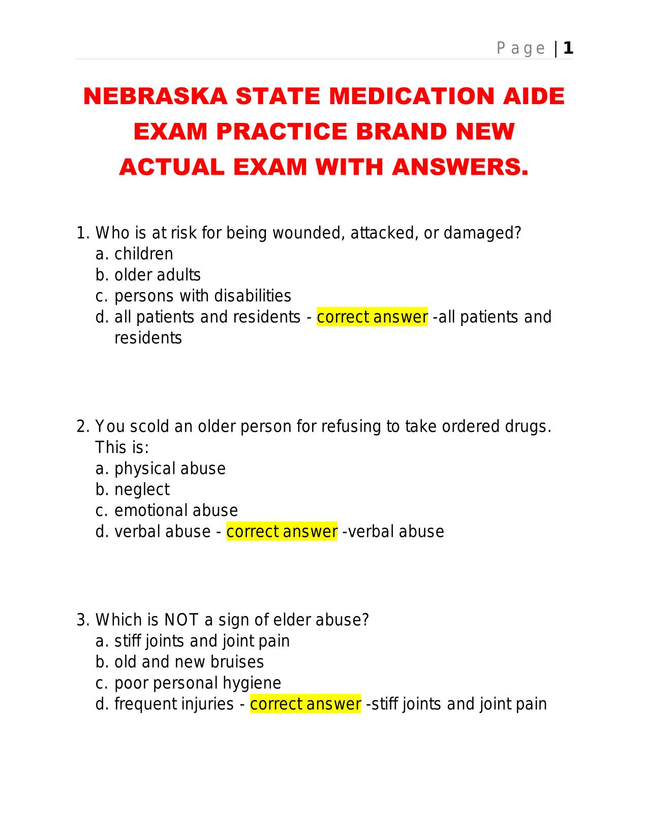 NEBRASKA STATE MEDICATION AIDE EXAM PRACTICE BRAND NEW ACTUAL EXAM WITH ANSWERS.