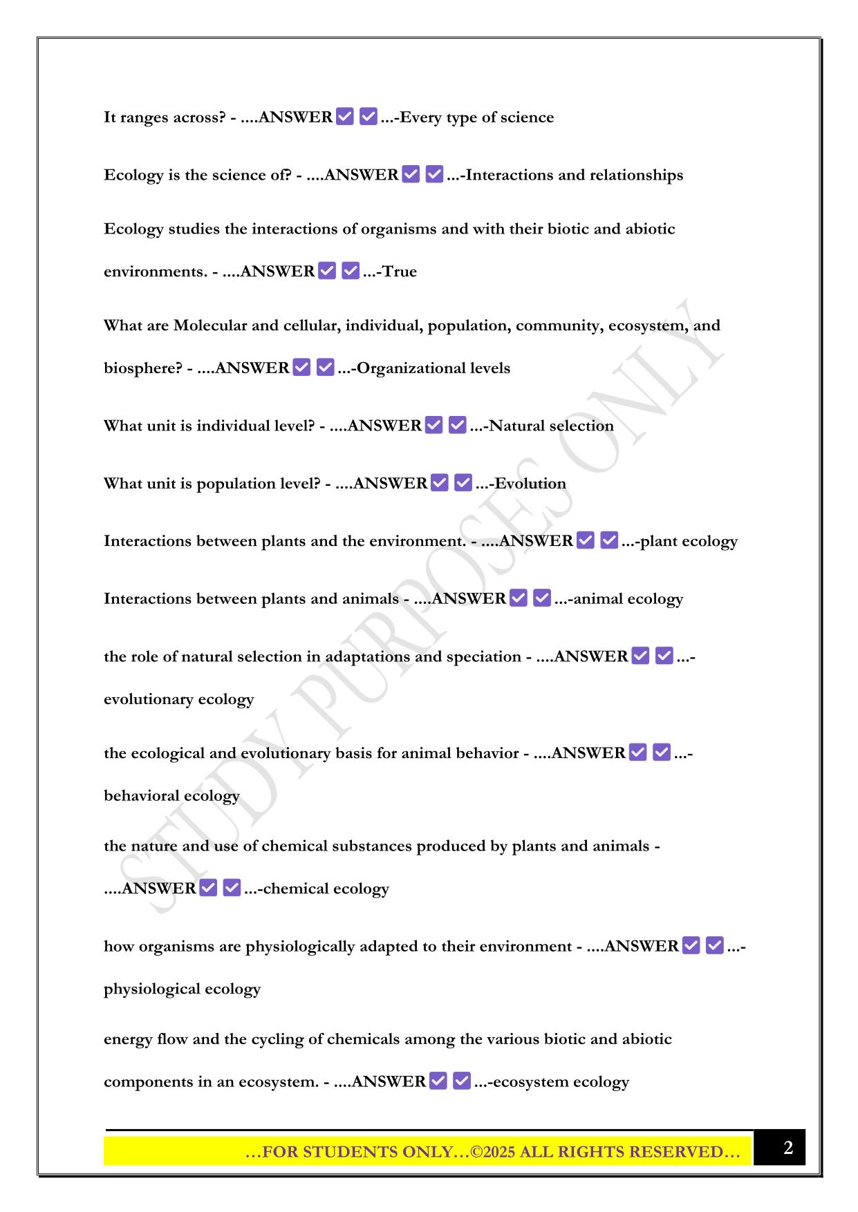 Ecology Exam 1 IUPUI 2025 Questions and Answers