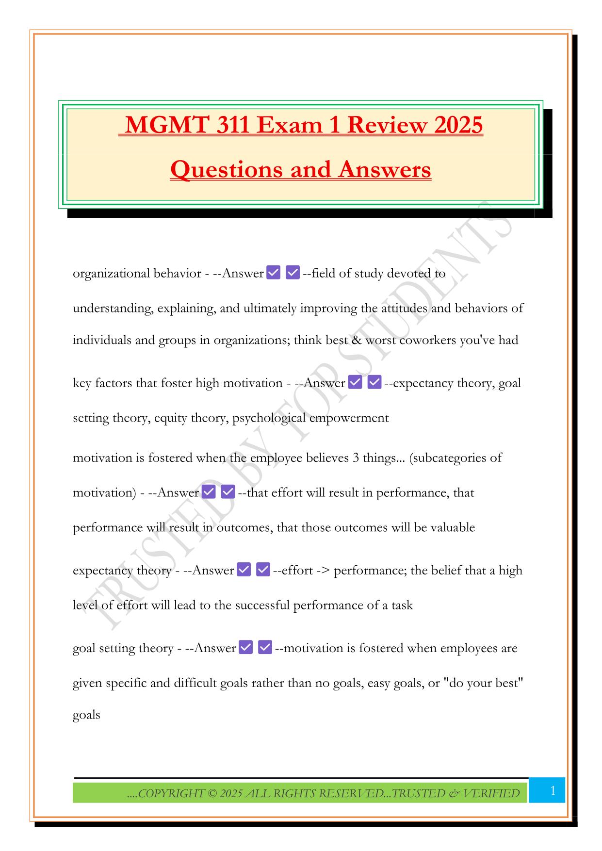 MGMT 311 Exam 1 Review 2025 Questions and Answers