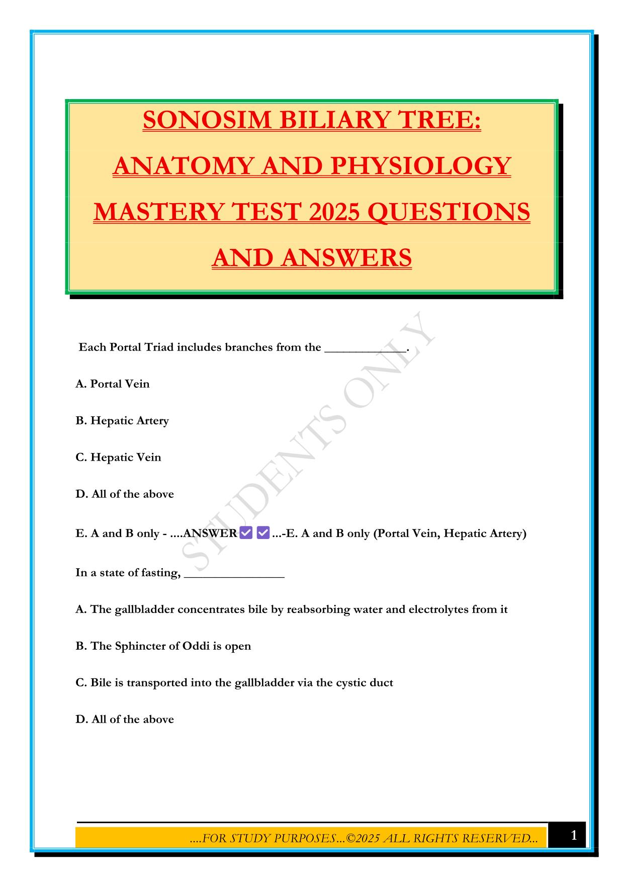 SONOSIM BILIARY TREE: ANATOMY AND PHYSIOLOGY MASTERY TEST 2025 QUESTIONS AND ANSWERS