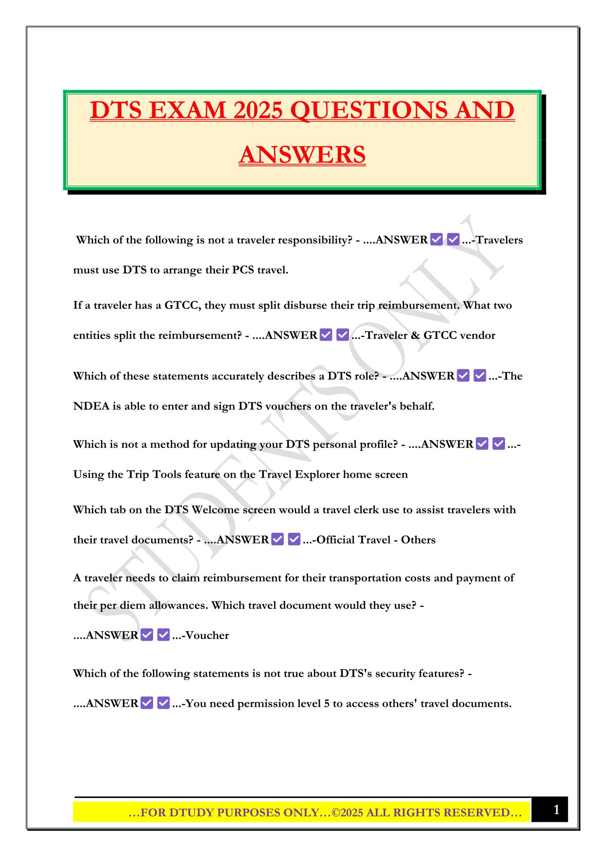 DTS EXAM 2025 QUESTIONS AND ANSWERS