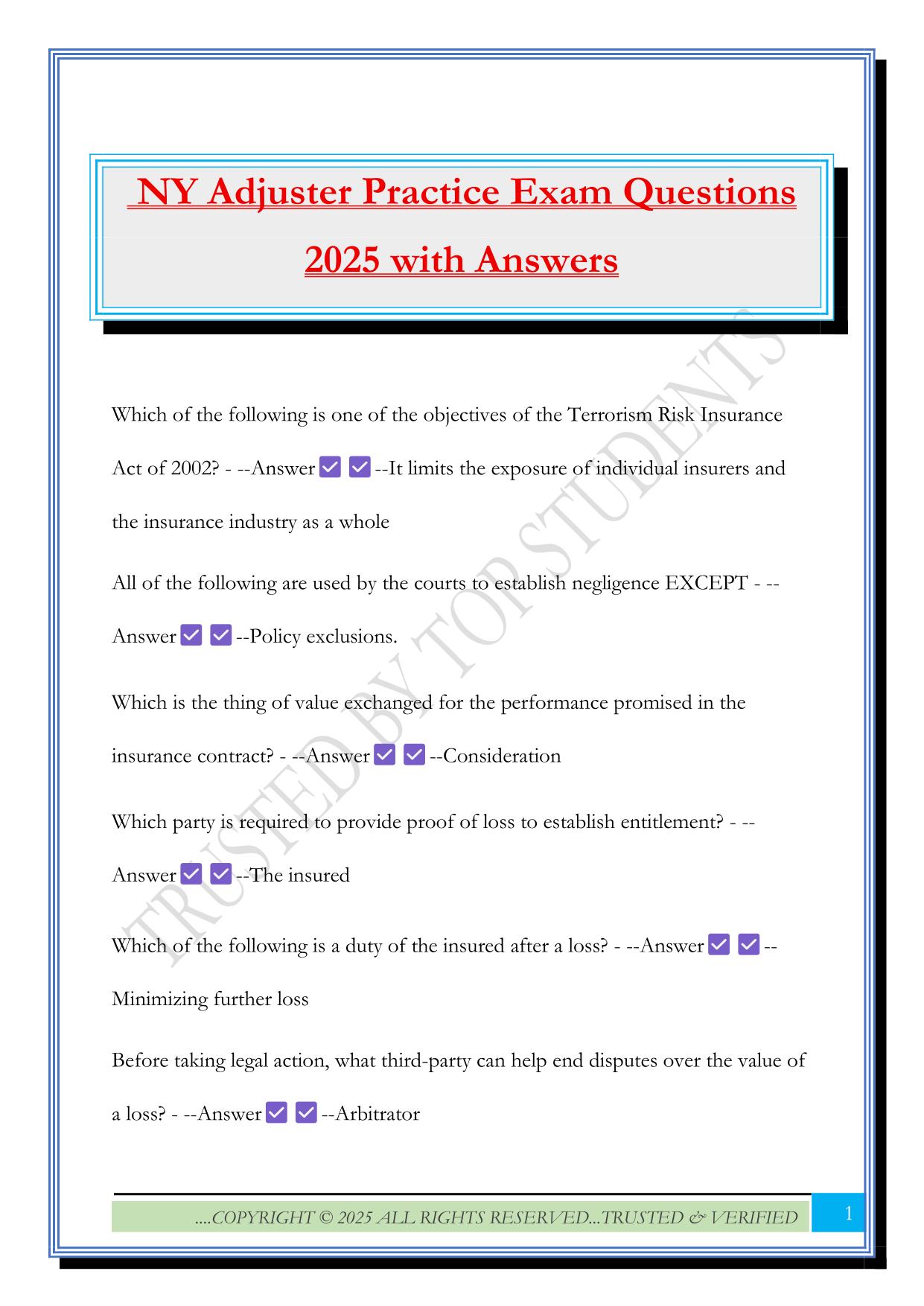 NY Adjuster Practice Exam Questions 2025 with Answers
