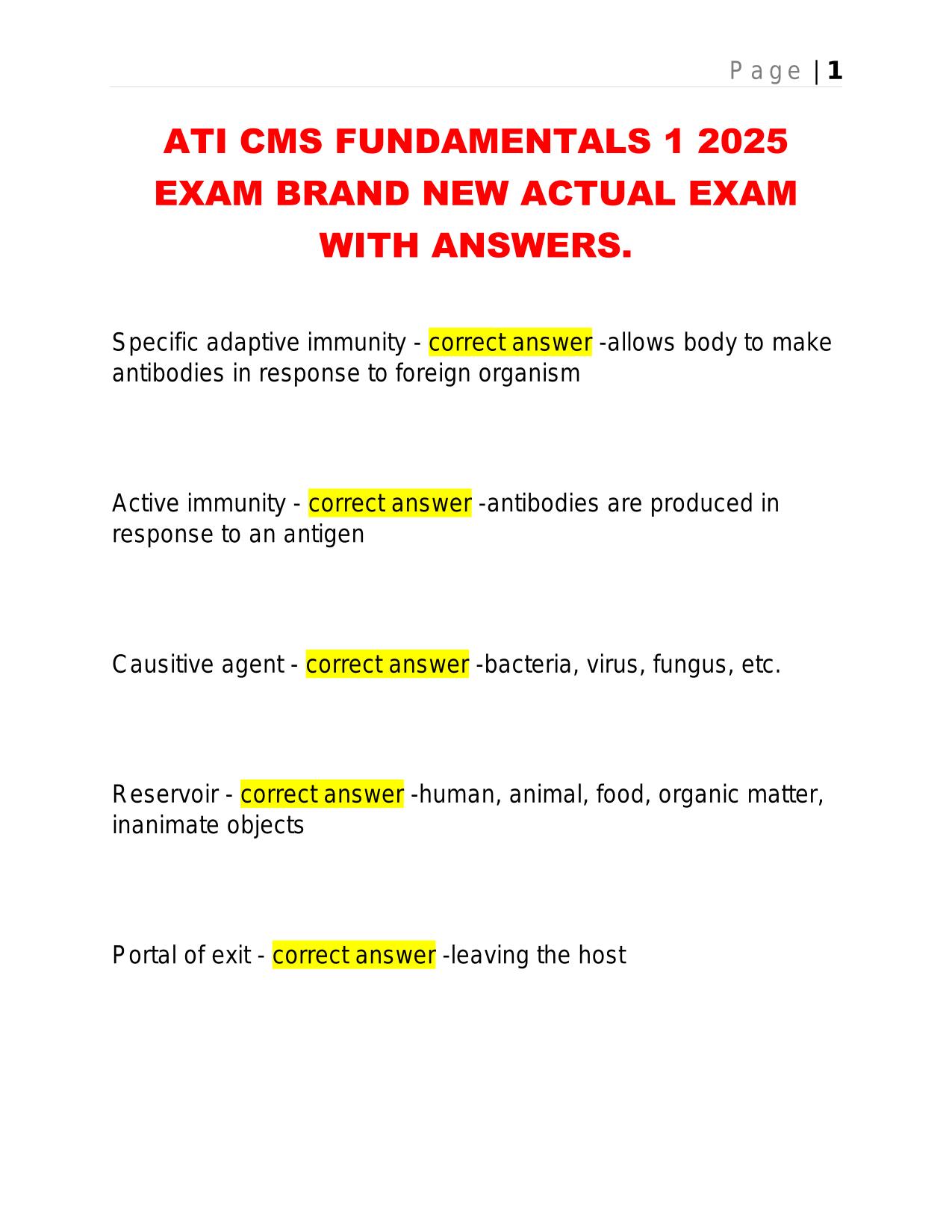 ATI CMS FUNDAMENTALS 1 2025 EXAM BRAND NEW ACTUAL EXAM WITH ANSWERS.