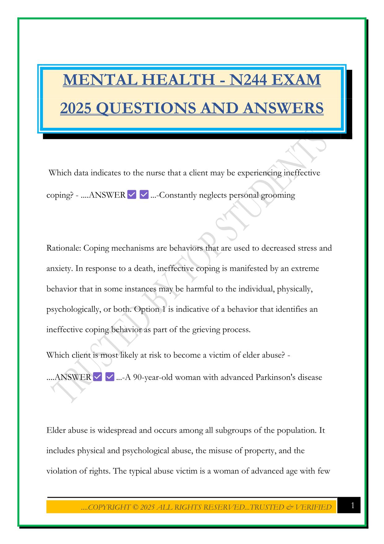 MENTAL HEALTH - N244 EXAM 2025 QUESTIONS AND ANSWERS