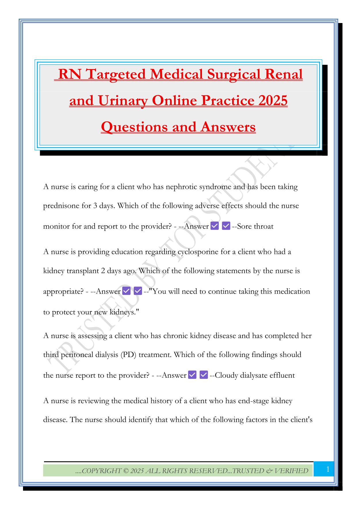 RN Targeted Medical Surgical Renal and Urinary Online Practice 2025 Questions and Answers
