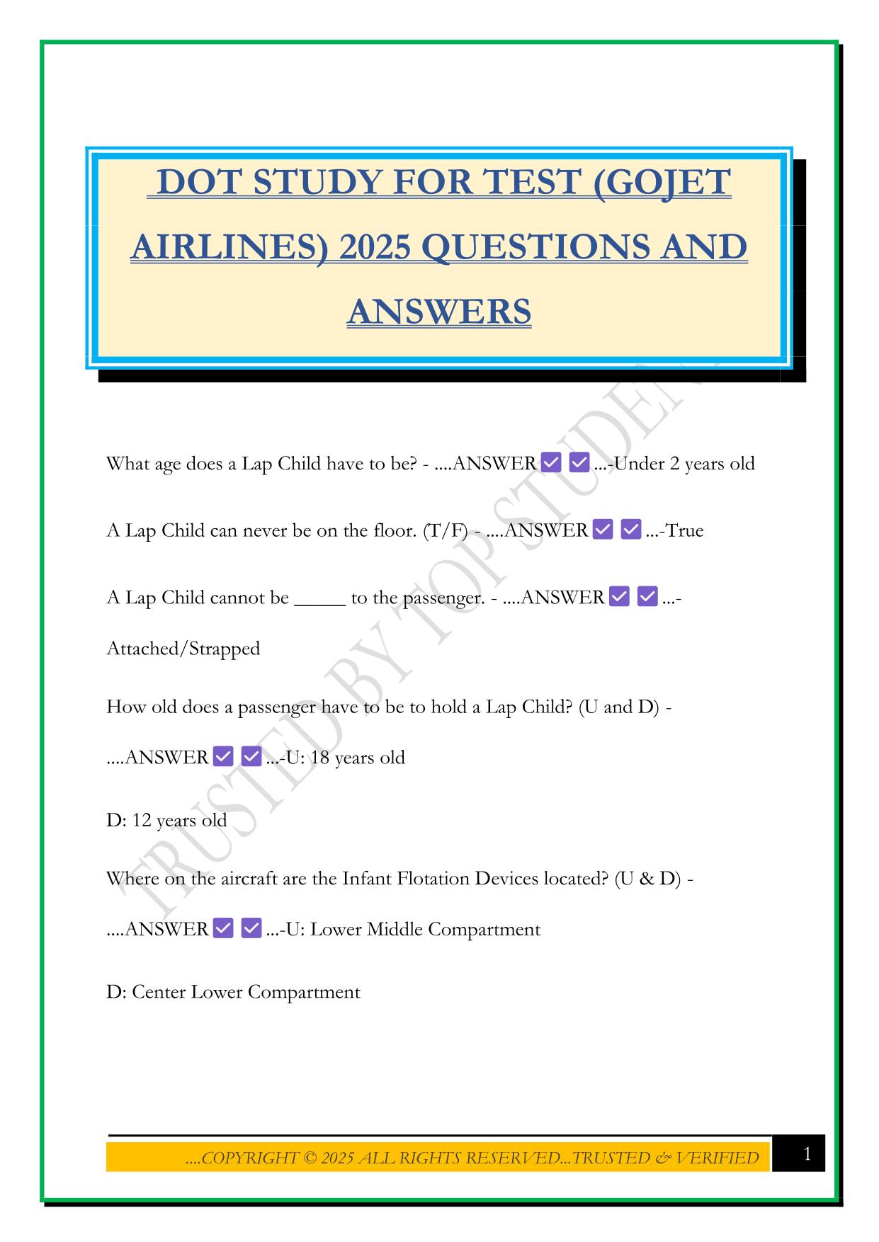 DOT STUDY FOR TEST (GOJET AIRLINES) 2025 QUESTIONS AND ANSWERS