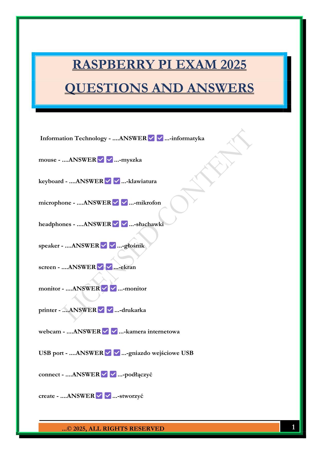 RASPBERRY PI EXAM 2025 QUESTIONS AND ANSWERS