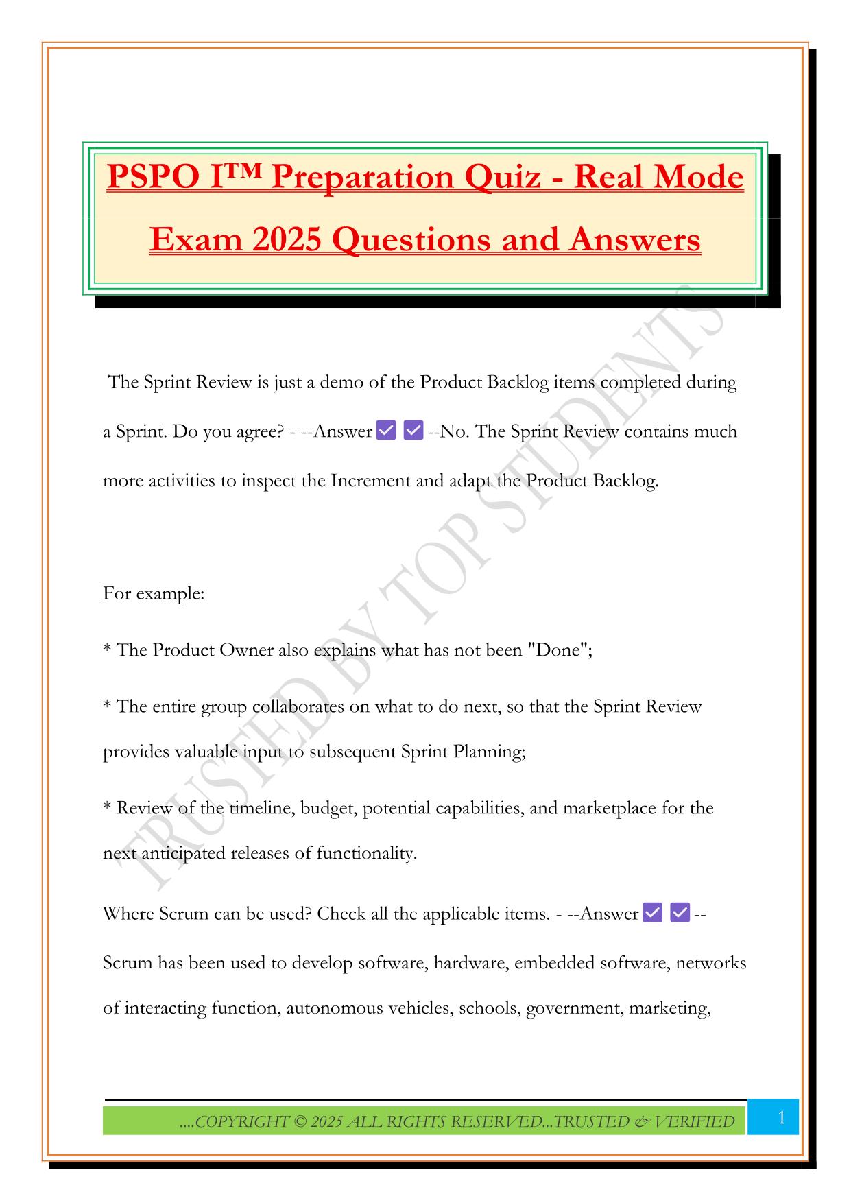 PSPO I™ Preparation Quiz - Real Mode Exam 2025 Questions and Answers