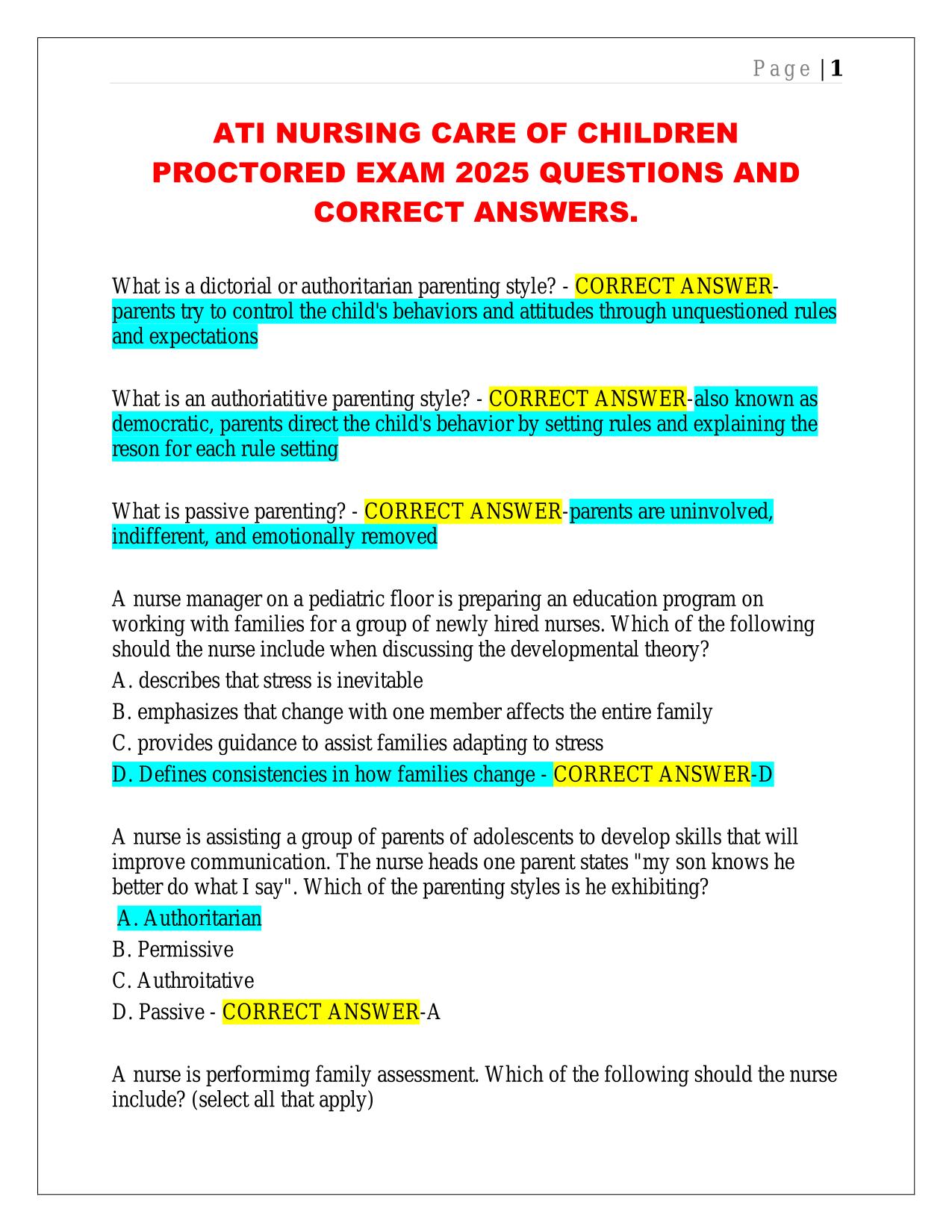 ATI NURSING CARE OF CHILDREN PROCTORED EXAM 2025 QUESTIONS AND CORRECT ANSWERS.