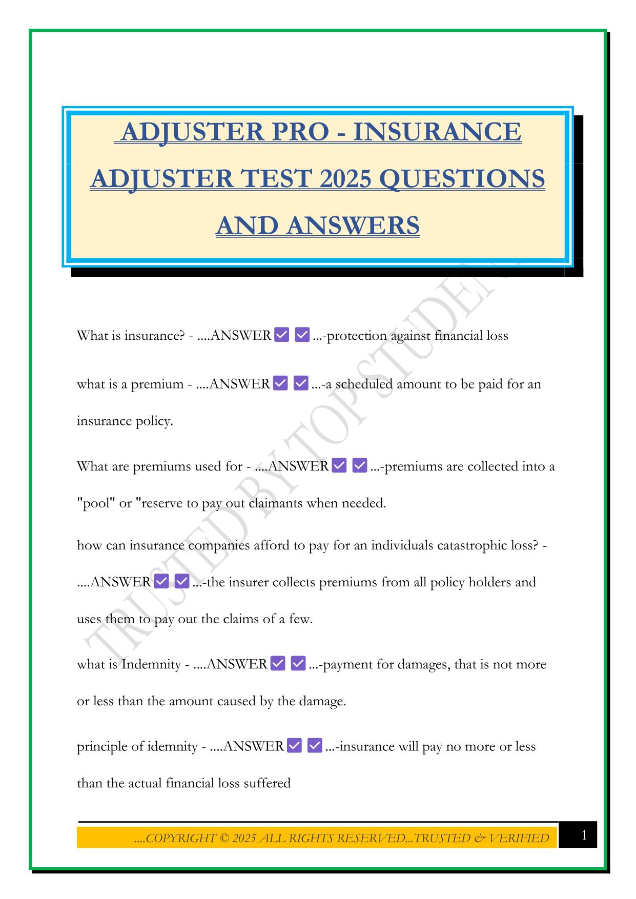 ADJUSTER PRO - INSURANCE ADJUSTER TEST 2025 QUESTIONS AND ANSWERS