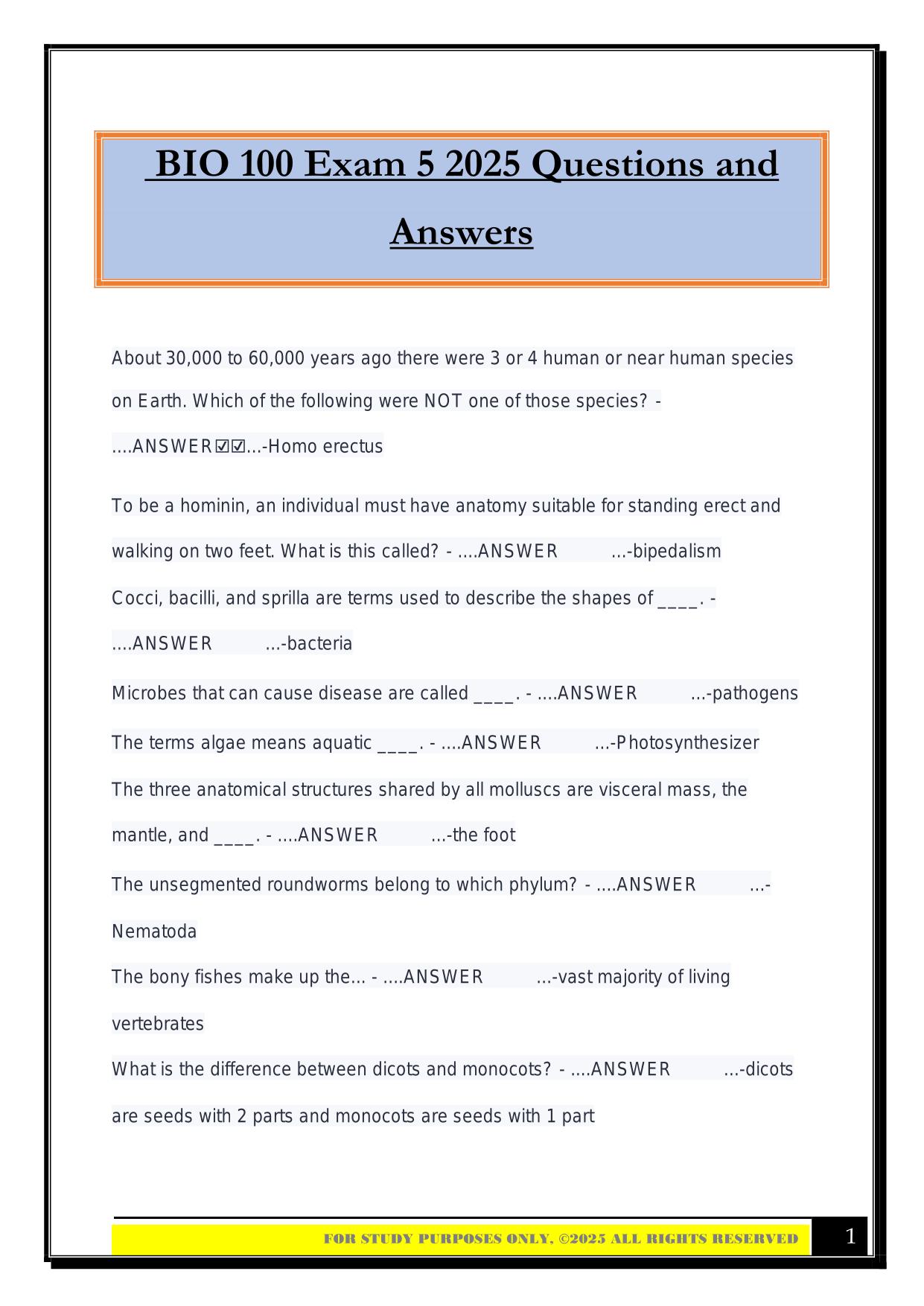 BIO 100 Exam 5 2025 Questions and Answers