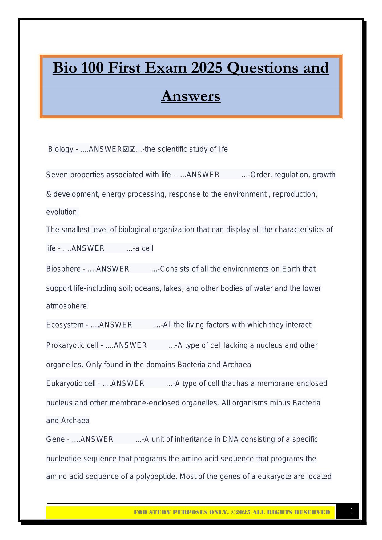 Bio 100 First Exam 2025 Questions and Answers