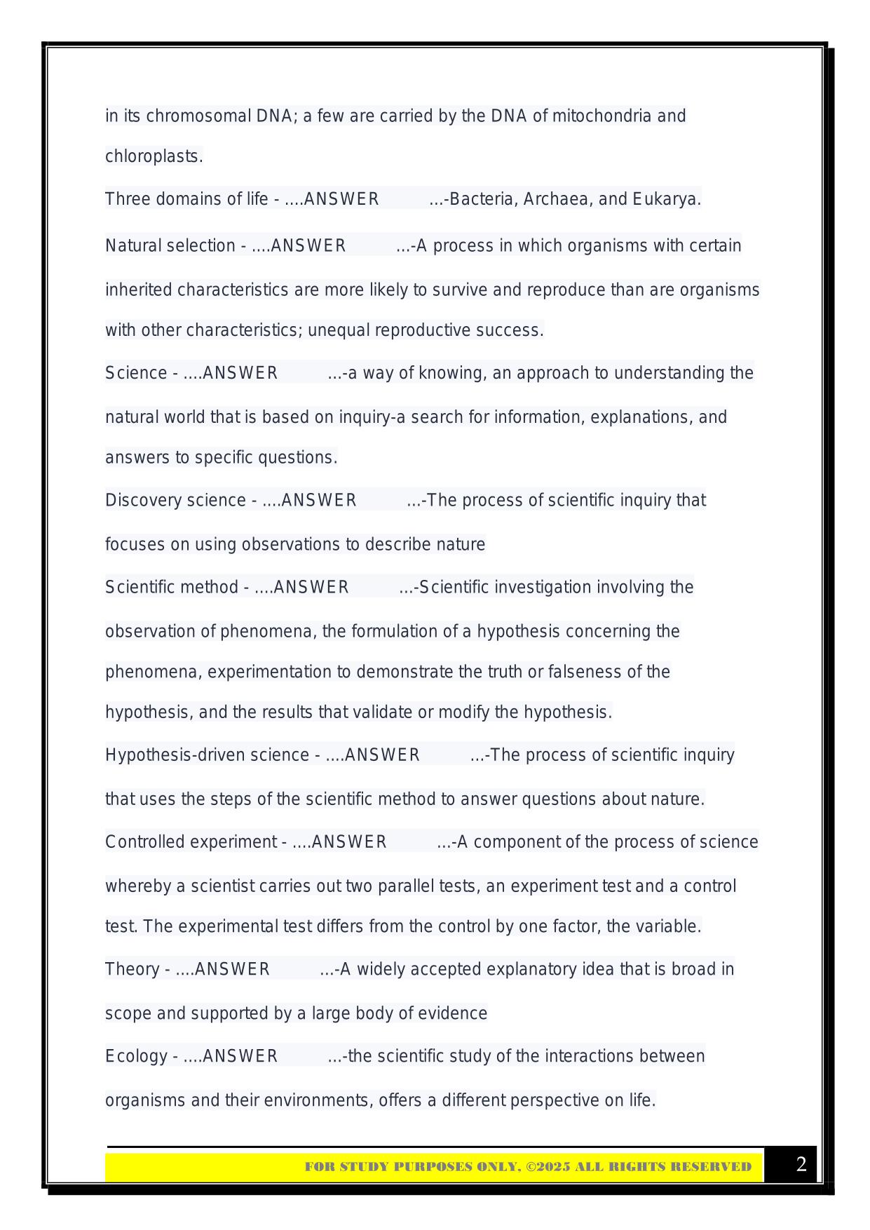 Bio 100 First Exam 2025 Questions and Answers