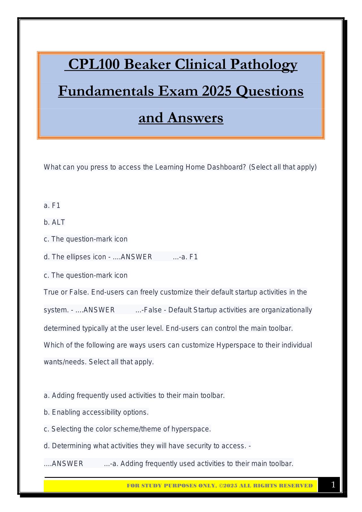 CPL100 Beaker Clinical Pathology Fundamentals Exam 2025 Questions and Answers