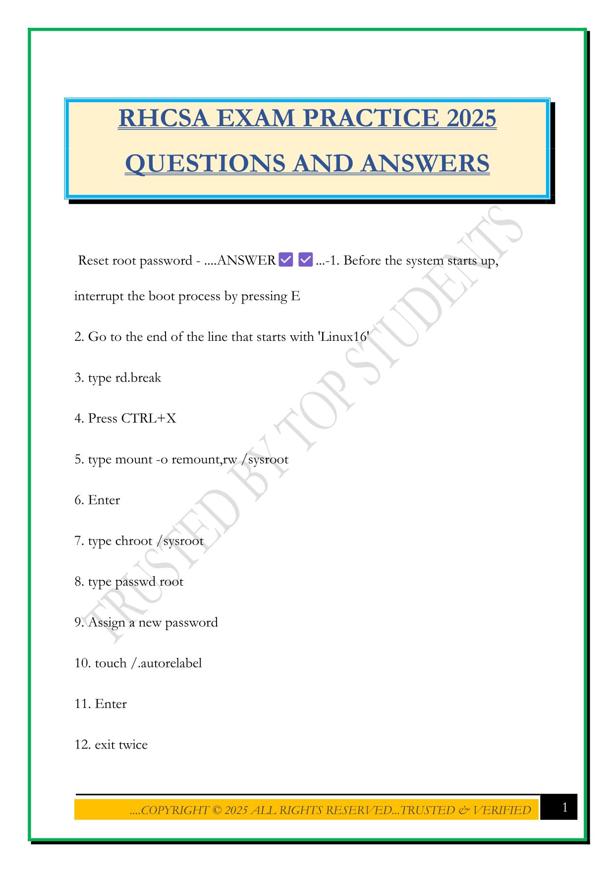 RHCSA EXAM PRACTICE 2025 QUESTIONS AND ANSWERS