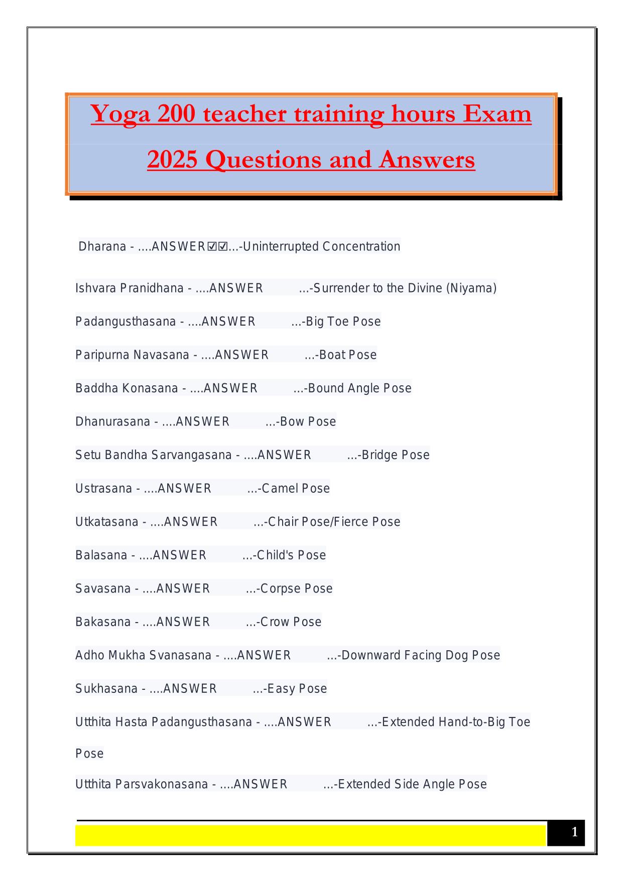Yoga 200 teacher training hours Exam 2025 Questions and Answers