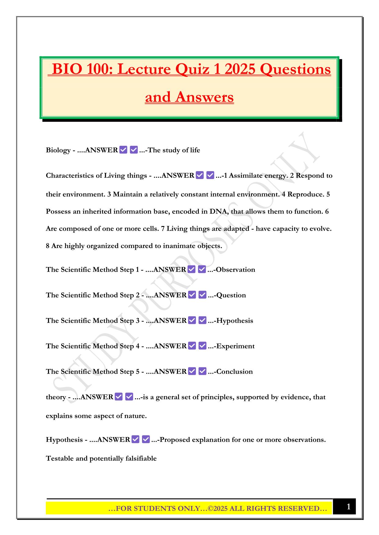 BIO 100: Lecture Quiz 1 2025 Questions and Answers