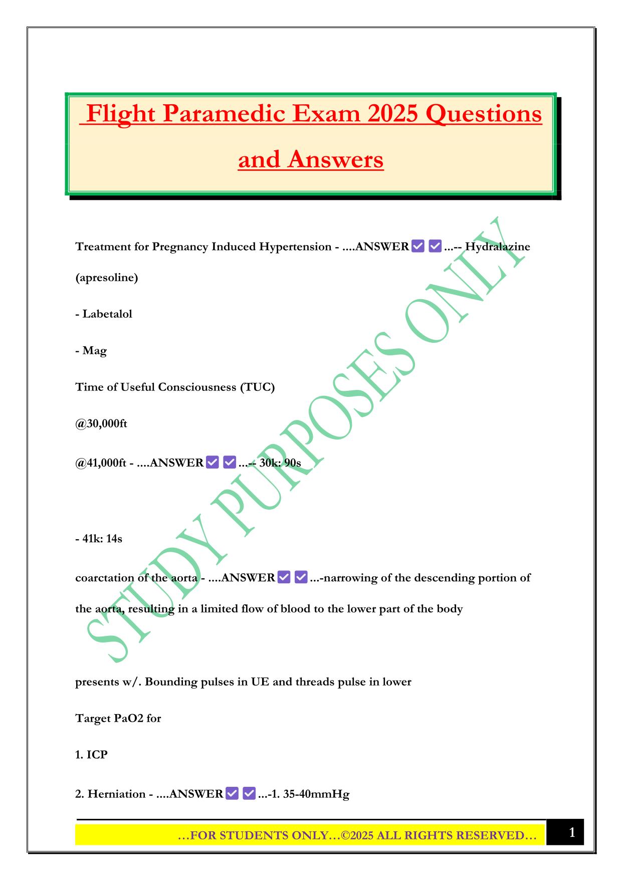 Flight Paramedic Exam 2025 Questions and Answers