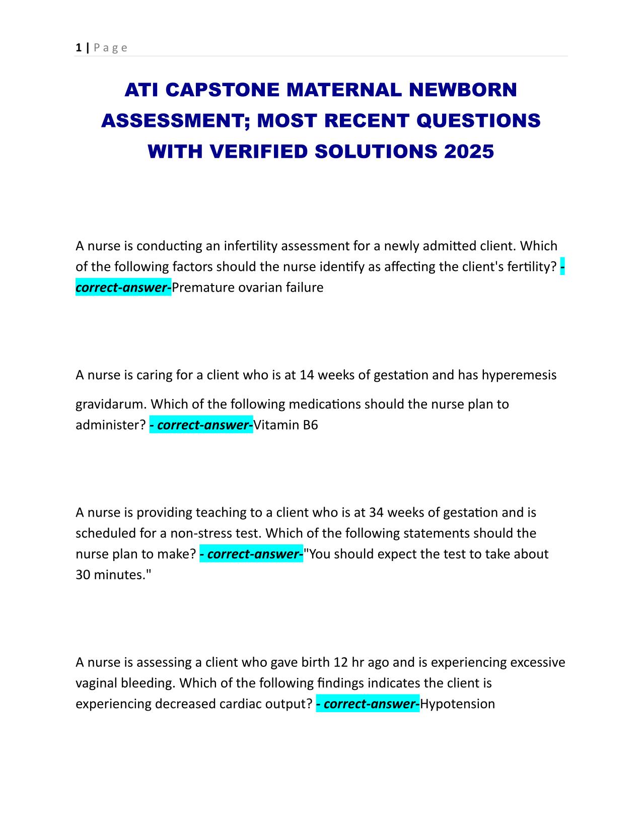 ATI CAPSTONE MATERNAL NEWBORN ASSESSMENT; MOST RECENT QUESTIONS WITH VERIFIED SOLUTIONS 2025