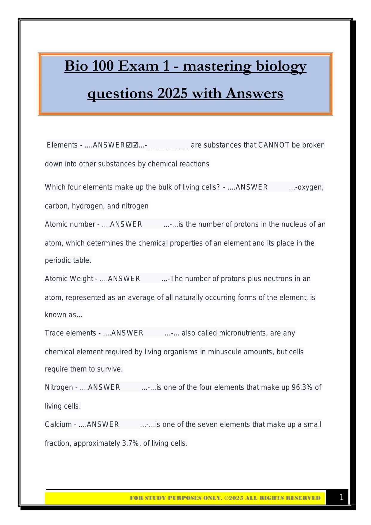 Bio 100 Bundled Exams 2025/2026 |Questions and Answers|100% Pass