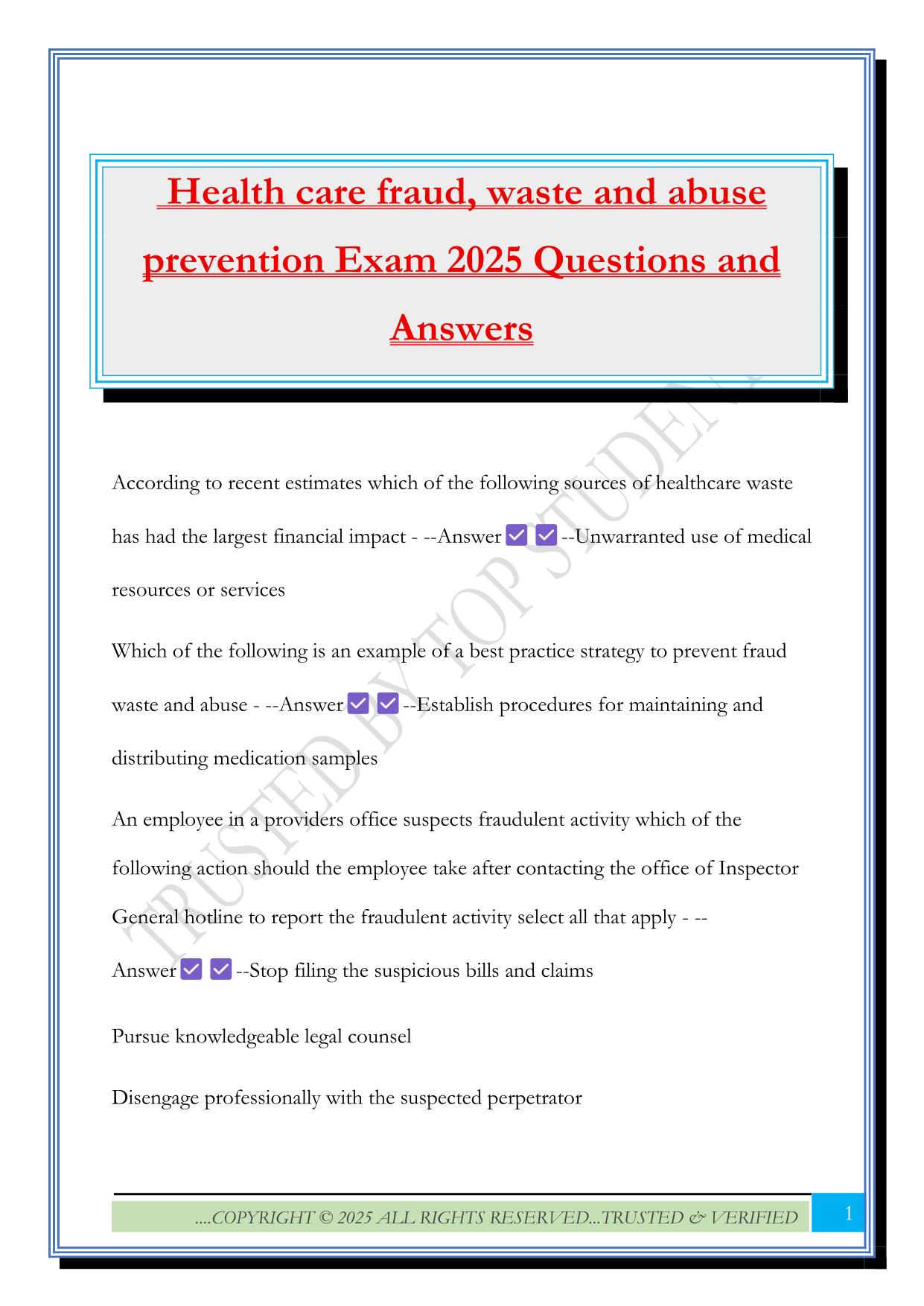 Health care fraud, waste and abuse prevention Exam 2025 Questions and Answers