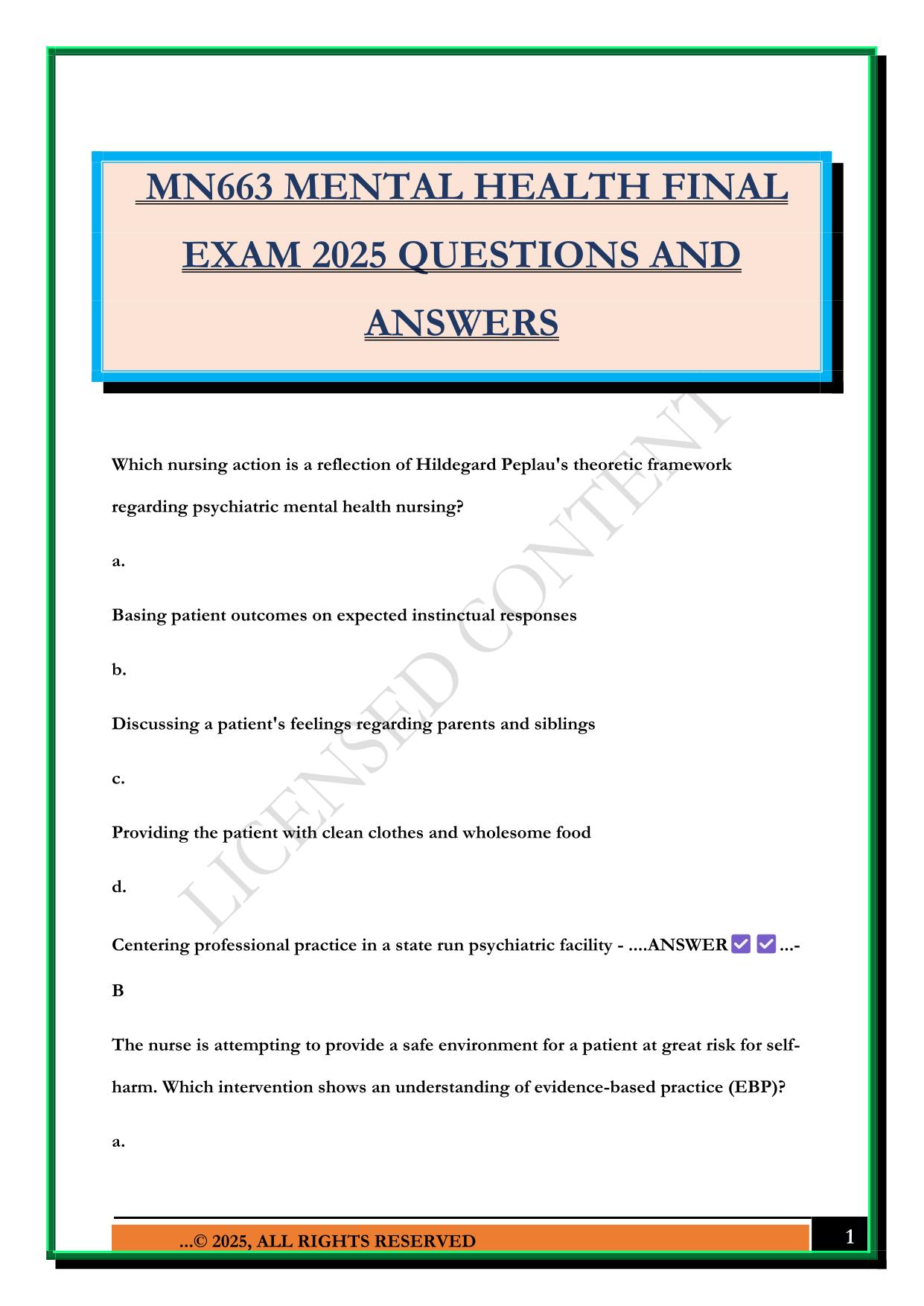 MN663 MENTAL HEALTH FINAL EXAM 2025 QUESTIONS AND ANSWERS