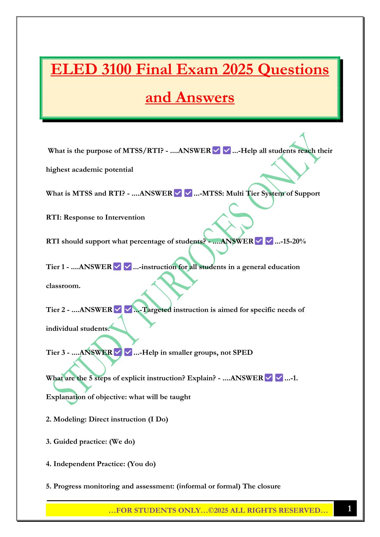 ELED 3100 Final Exam 2025 Questions and Answers