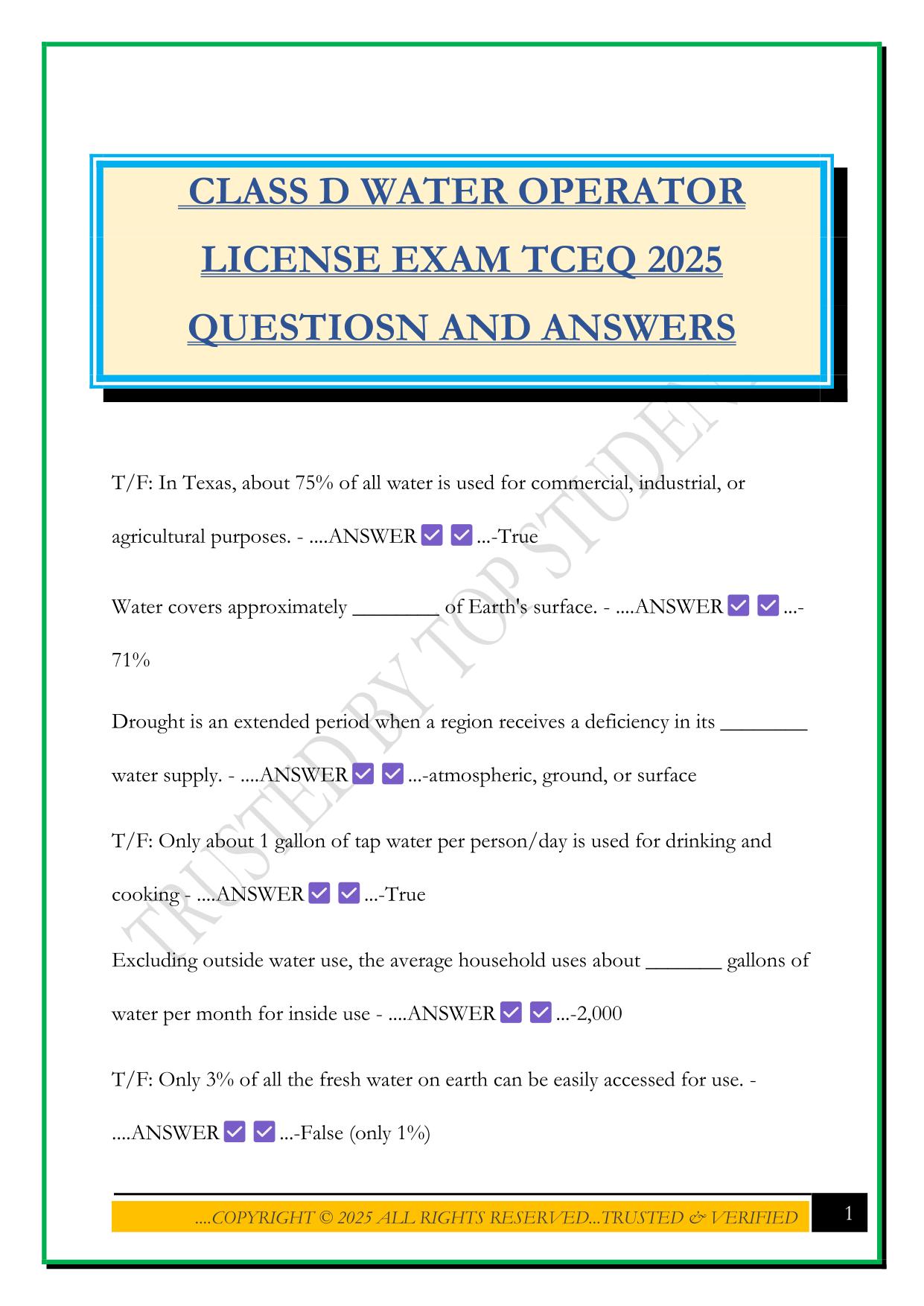 CLASS D WATER OPERATOR LICENSE EXAM TCEQ 2025 QUESTIOSN AND ANSWERS