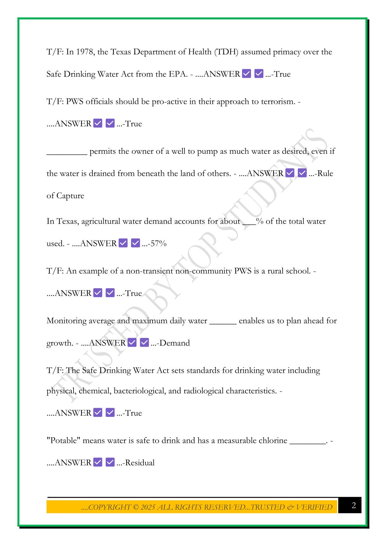 CLASS D WATER OPERATOR LICENSE EXAM TCEQ 2025 QUESTIOSN AND ANSWERS