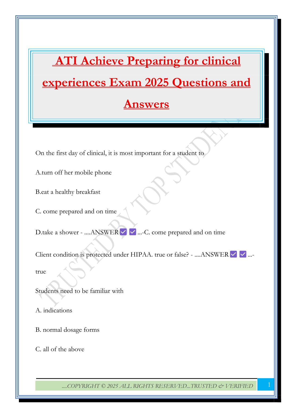 ATI Achieve Preparing for clinical experiences Exam 2025 Questions and Answers