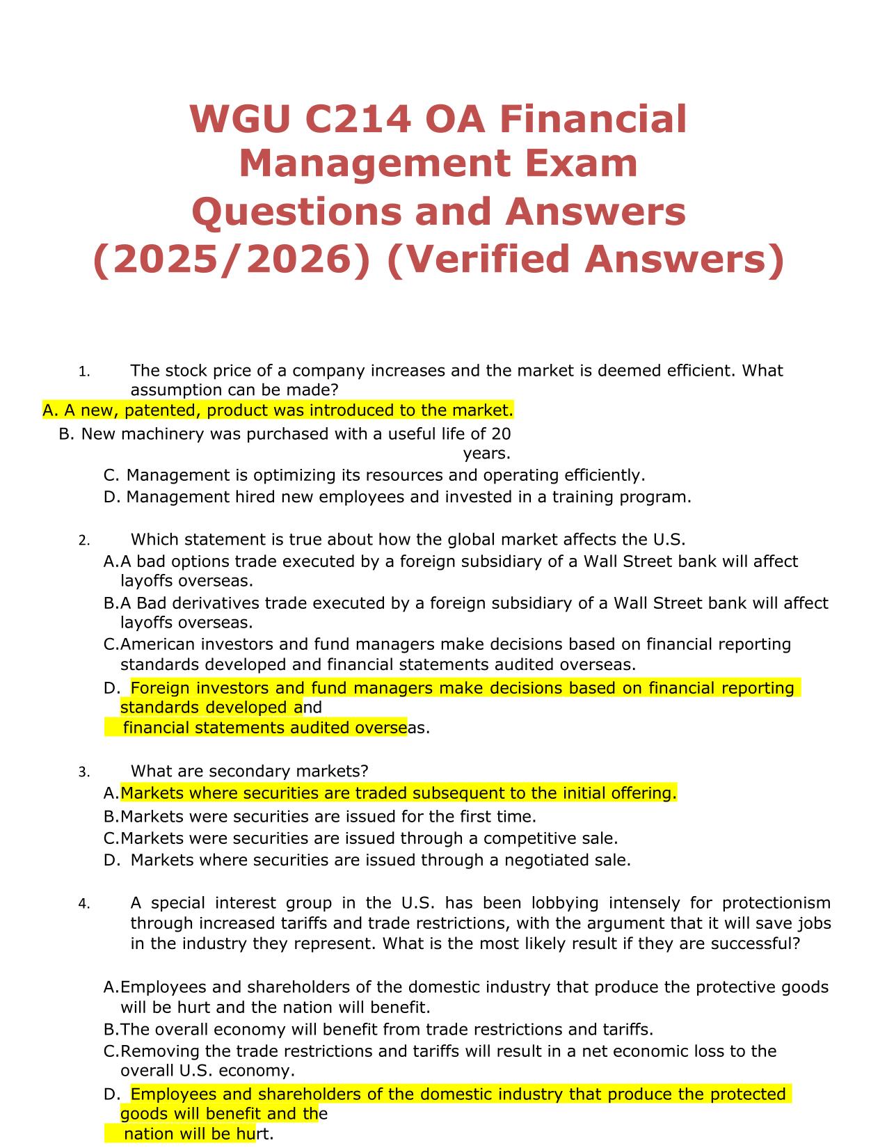 WGU C214 OA Financial Management Exam Questions and Answers (2025/2026) (Verified Answers)