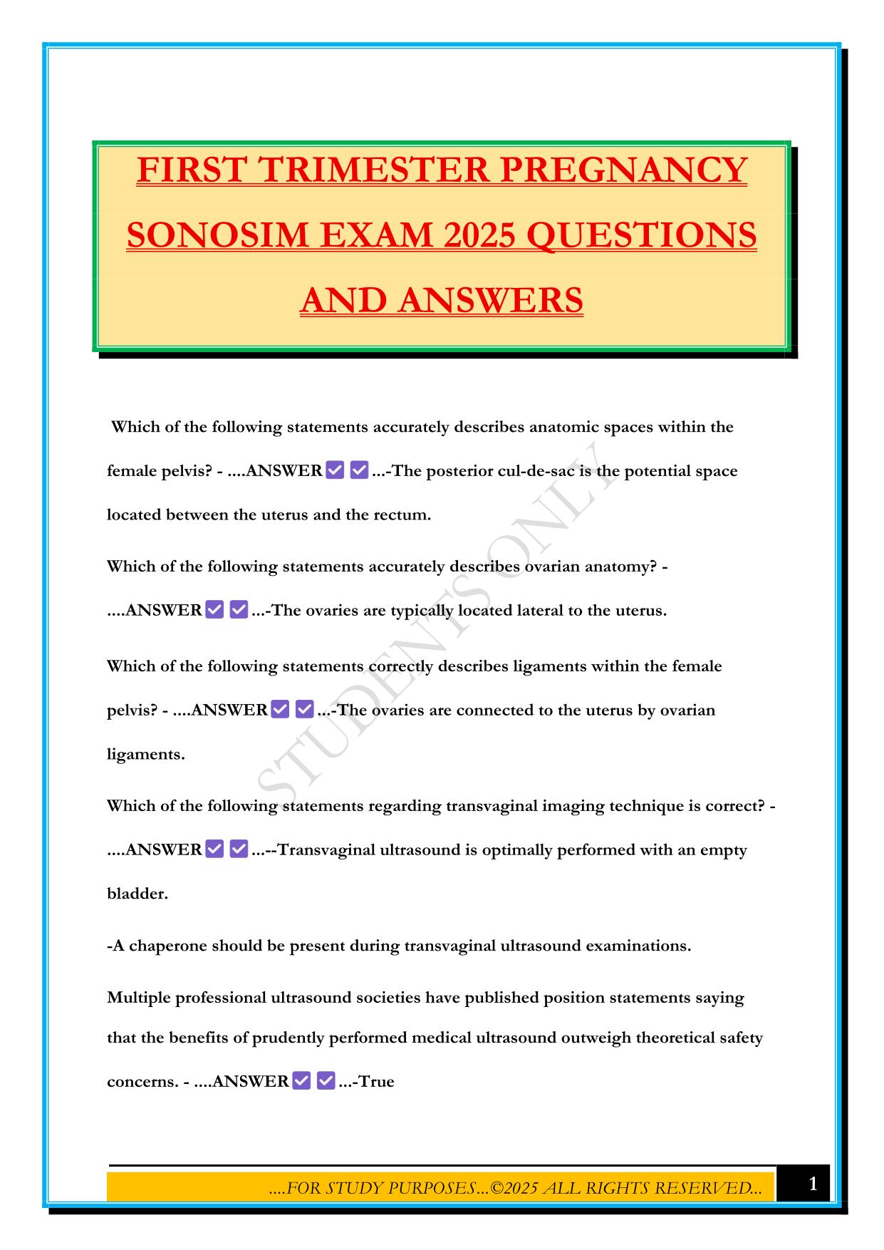 FIRST TRIMESTER PREGNANCY SONOSIM EXAM 2025 QUESTIONS AND ANSWERS