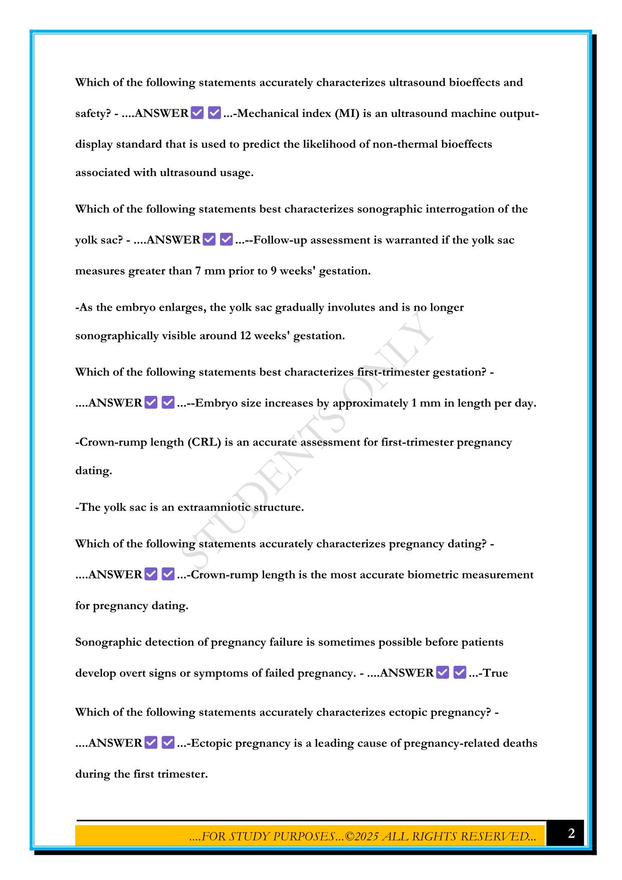 FIRST TRIMESTER PREGNANCY SONOSIM EXAM 2025 QUESTIONS AND ANSWERS