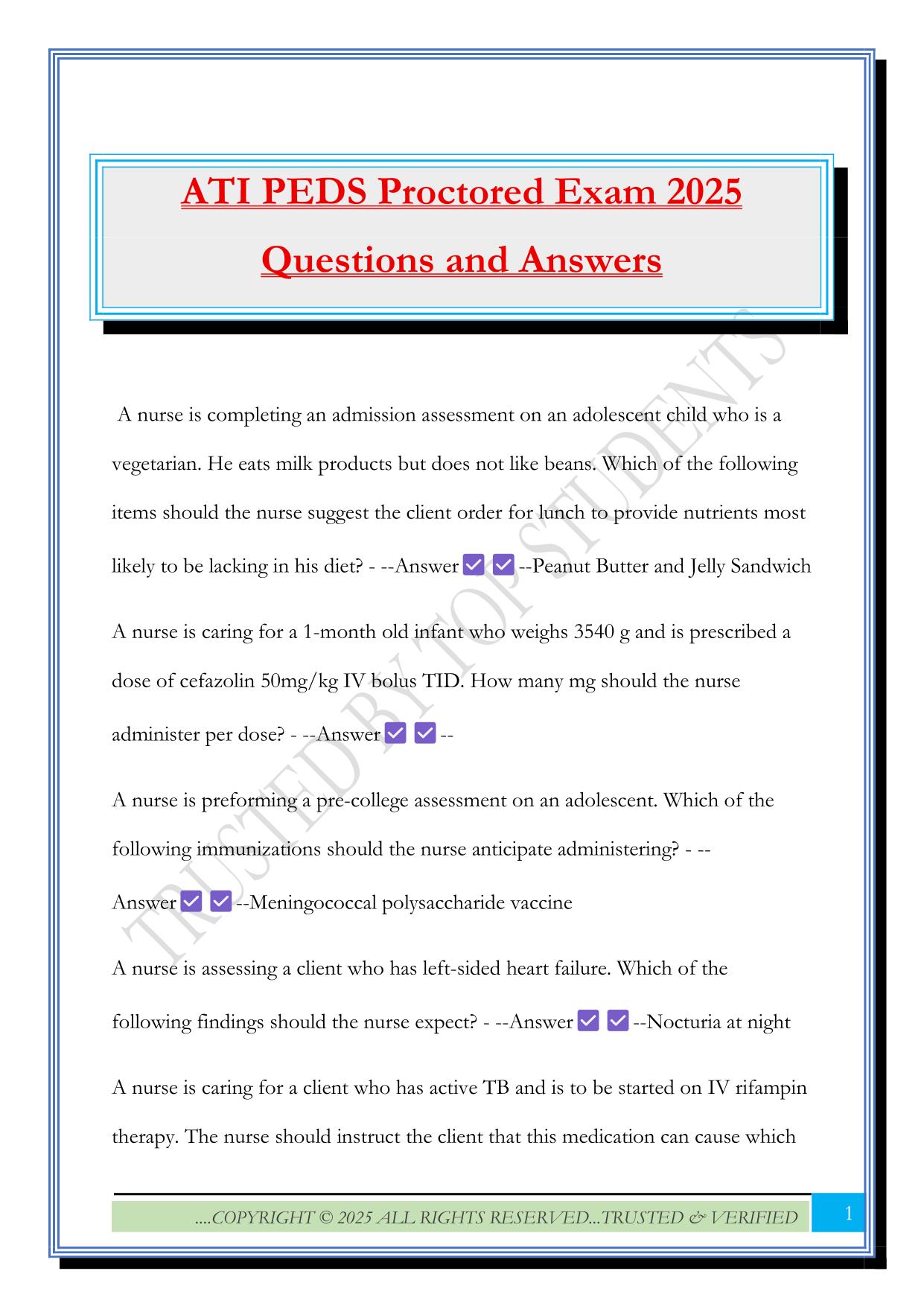 ATI PEDS Proctored Exam 2025 Questions and Answers