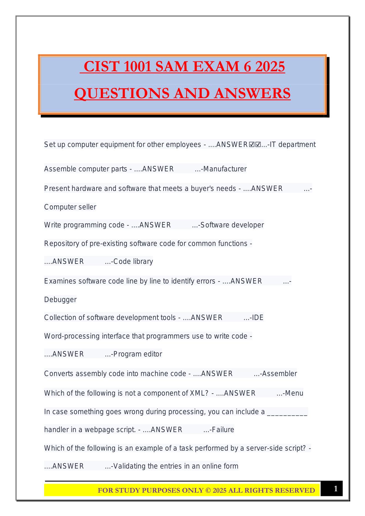 CIST 1001 SAM EXAM 6 2025 QUESTIONS AND ANSWERS