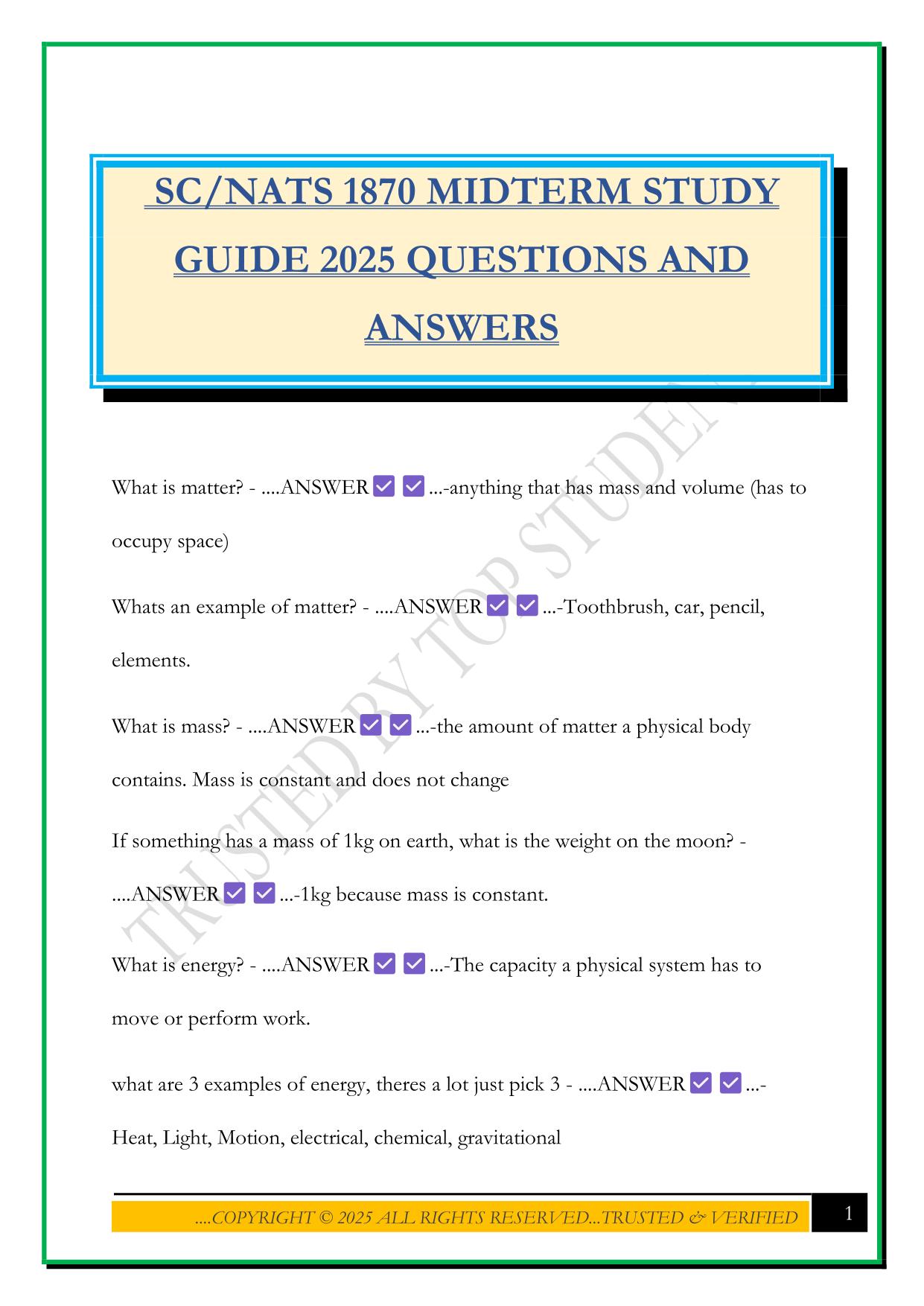 SC/NATS 1870 MIDTERM STUDY GUIDE 2025 QUESTIONS AND ANSWERS
