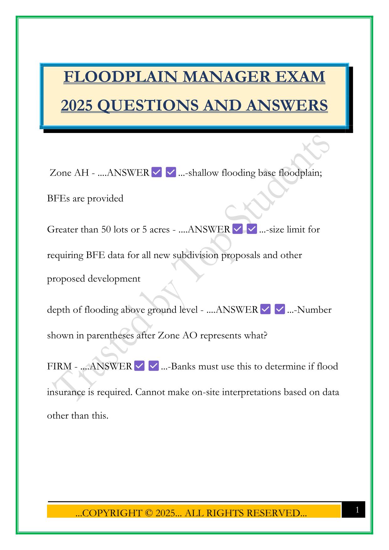 FLOODPLAIN MANAGER EXAM 2025 QUESTIONS AND ANSWERS