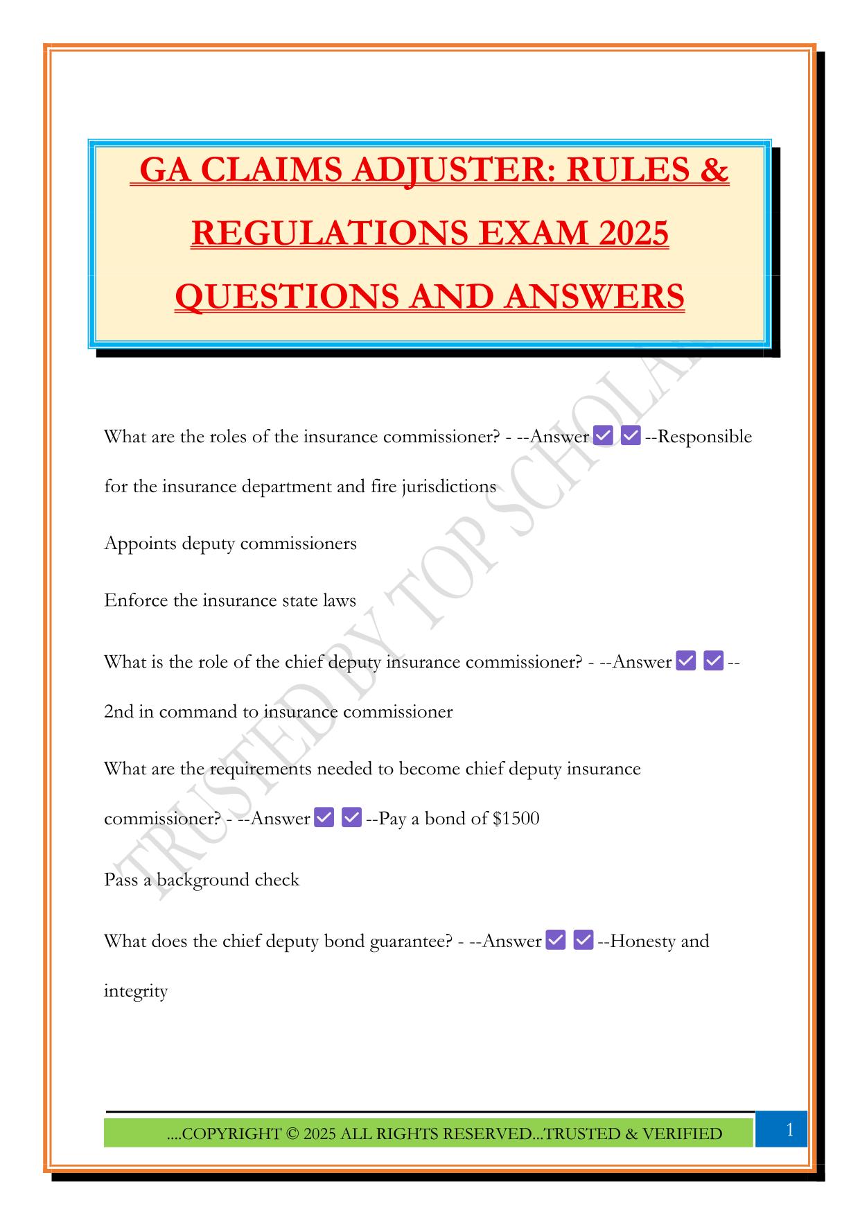 GA CLAIMS ADJUSTER: RULES & REGULATIONS EXAM 2025 QUESTIONS AND ANSWERS