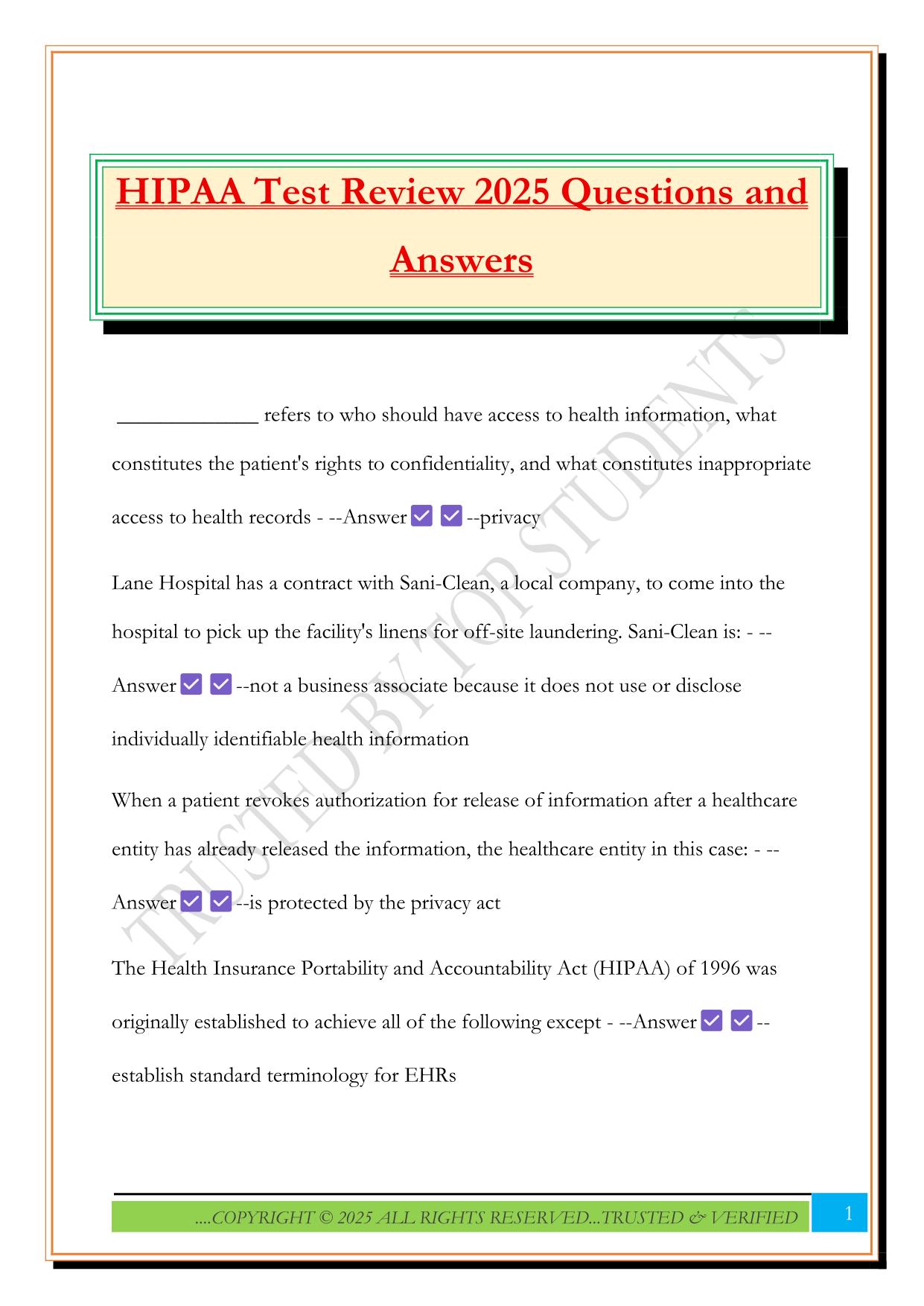 HIPAA Test Review 2025 Questions and Answers